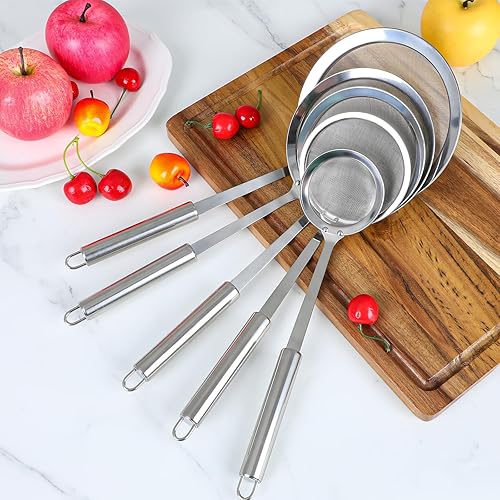 Miniatura 7 de Paquete de 5 cucharas de malla fina con ranuras, cuchara ranurada de acero inoxidable, colador de grasa de metal para separación de la espuma