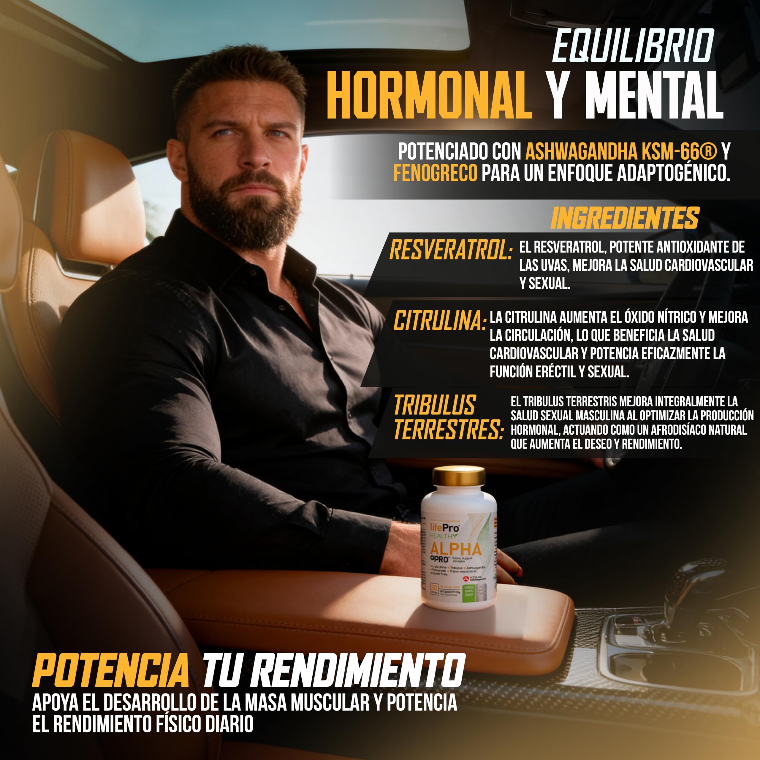Potenciador testosterona y libido hombre, Tribulus Terrestris 90% Saponinas – Alpha Pro – Fórmula 5 en 1 con KSM-66® Ashwagandha, Fenogreco, L-Citrulina y Resveratrol – Fuerza, Energía y vitalidad.