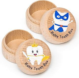 2Pcs Colorful Tooth Fairy Box for Boy Wooden Tooth Fairy Keepsake Box to Place Under Pillow Cute Lost Tooth Holder Milk Teeth Container Box Baby Toddler Teeth Case for Baby Shower Birthday Gift