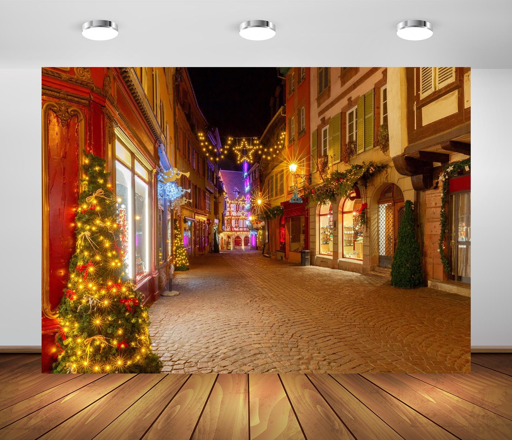 BELECO 10x8ft Fabric Christmas Town Street Backdrop Germany City Christmas Winter Night View Background German Christmas Party New Year Decoration