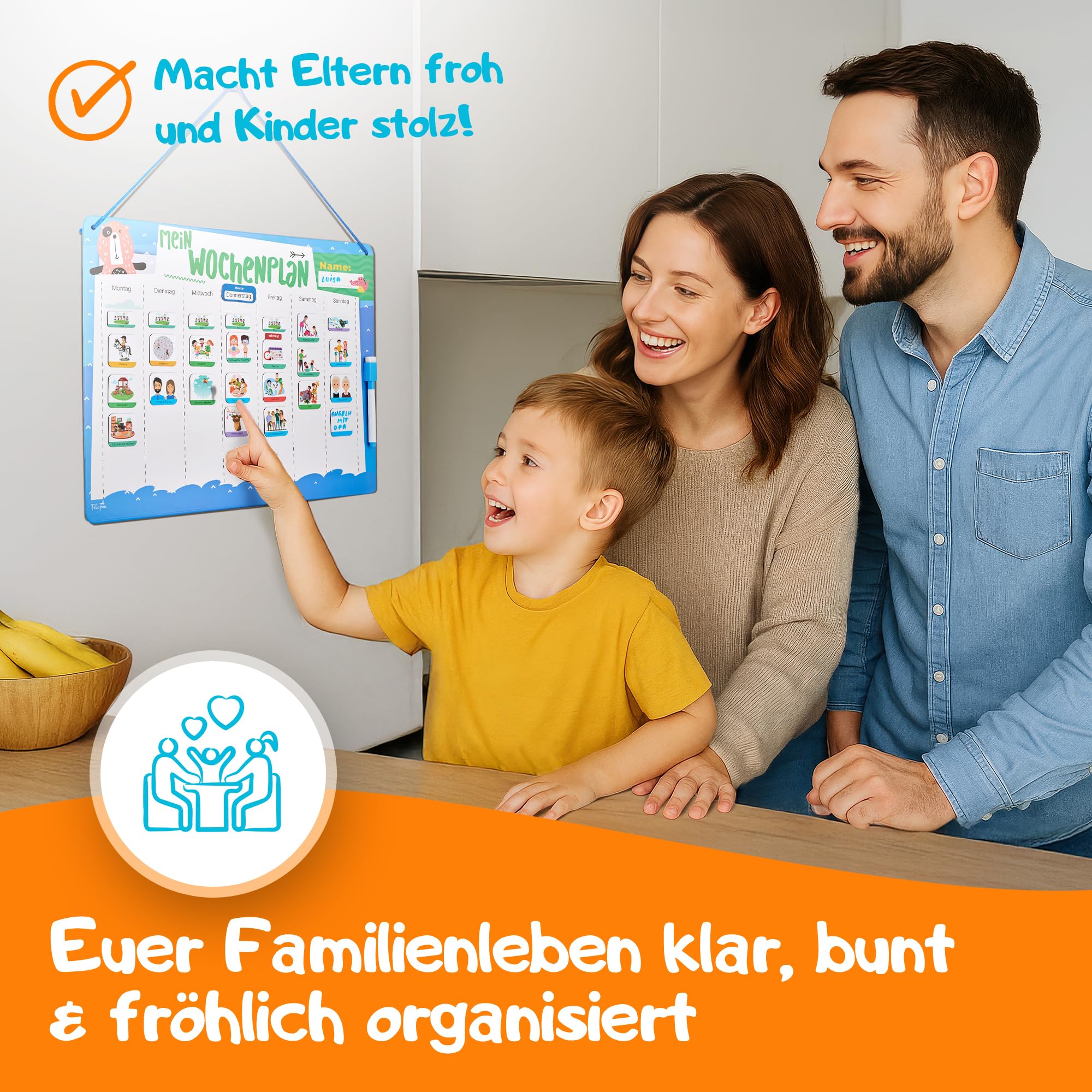 Filapen® Montessori planer tygodniowy dla dzieci – tablica magnetyczna w zestawie z 209 magnesami, woreczkiem materiałowym, długopisem i sznurkiem – planer zadań, kompletny zestaw do pisania i