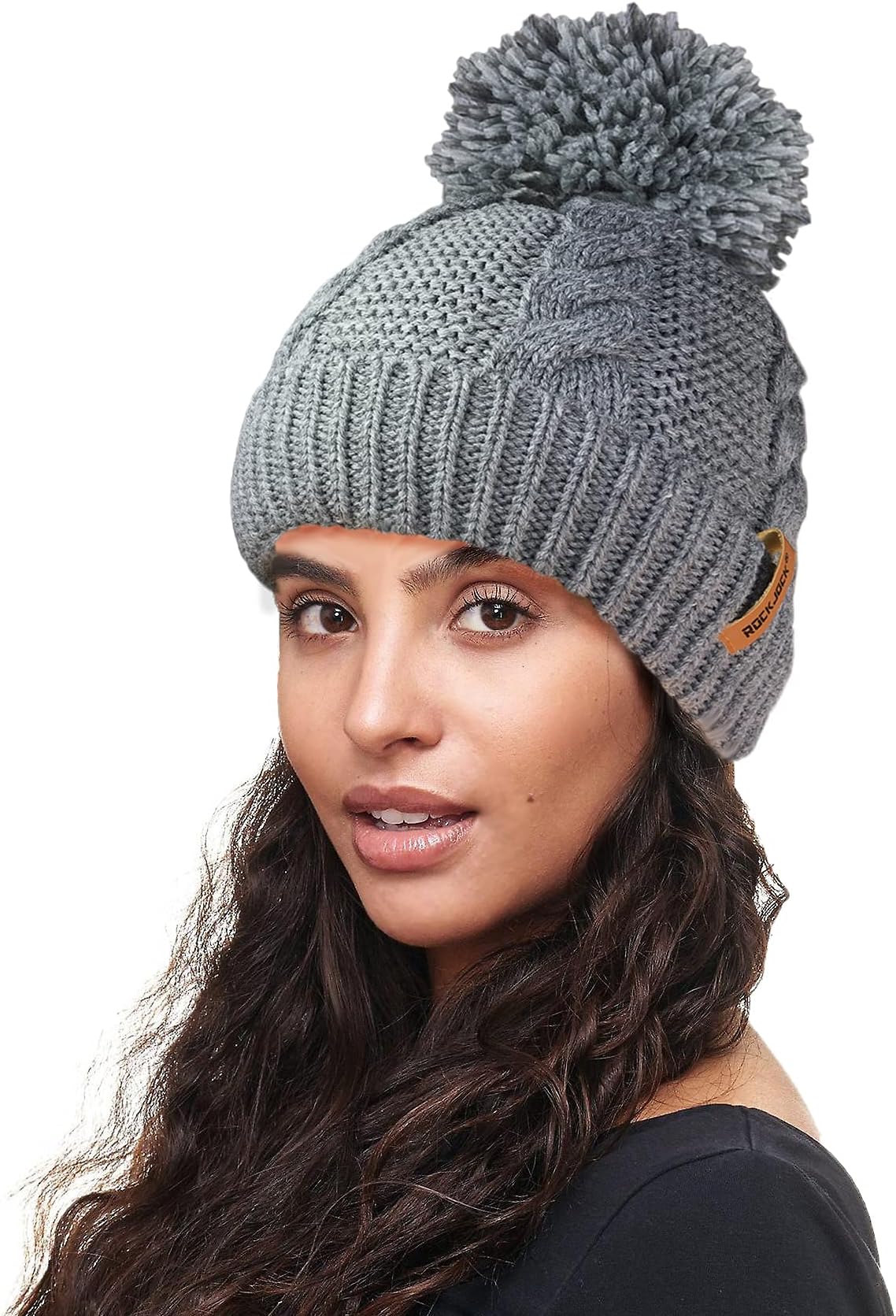 RockJock R80 Warm Chunky Cable Knit Pom Pom Hat with Thermal Insulating Teddy Fleece Liner