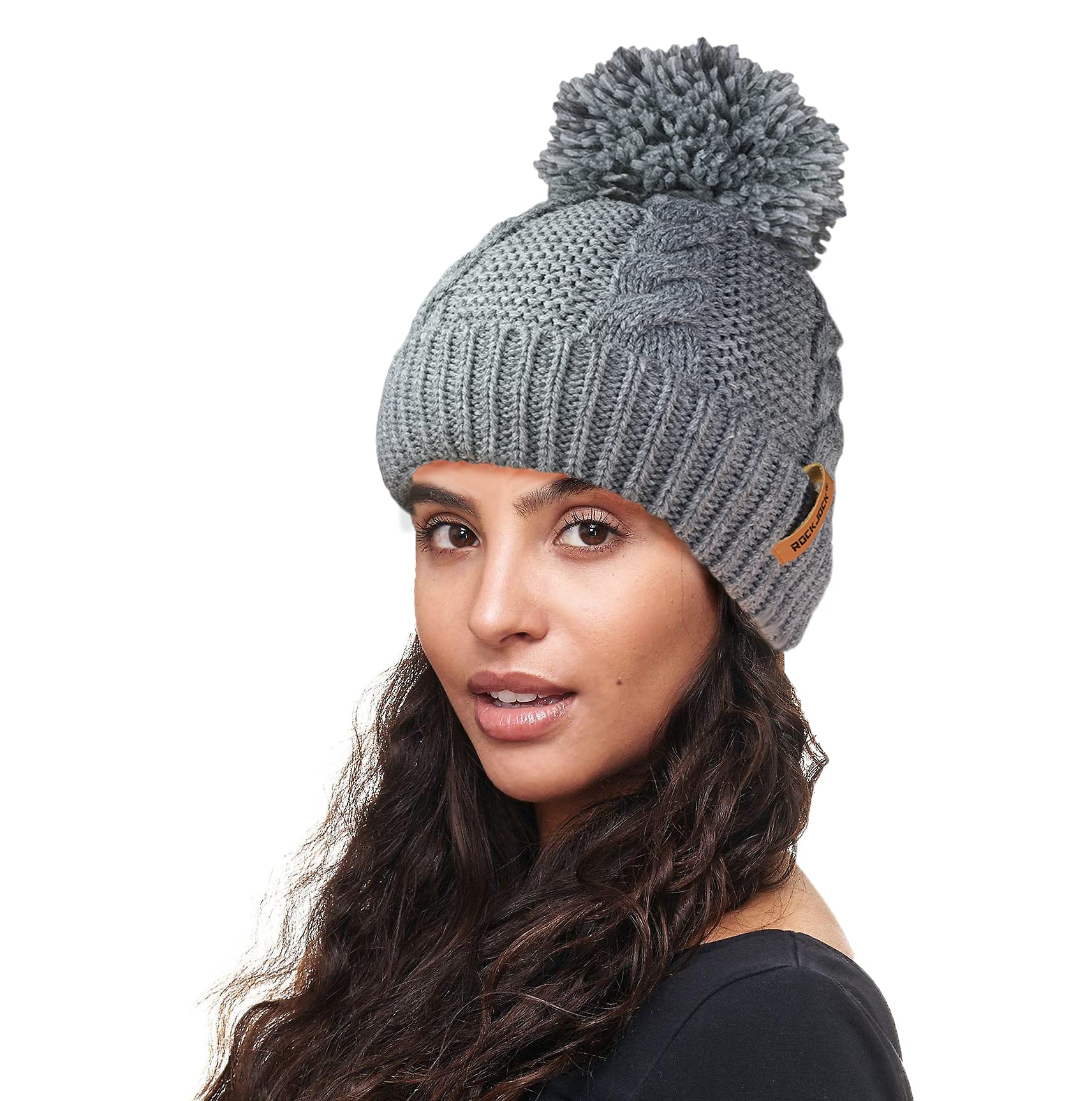 RockJock R80 Warm Chunky Cable Knit Pom Pom Hat with Thermal Insulating Teddy Fleece Liner