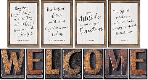 Schoolgirl Style Juego de tablones de anuncios de bienvenida rústicos, letras de bienvenida de granja, carteles industriales elegantes con citas