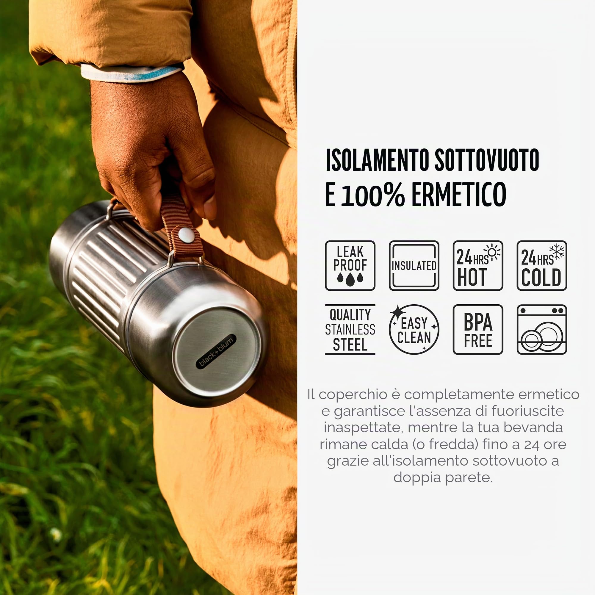 black+blum Explorer Duo borraccia termica con 2 tazze, acciaio inox 304 doppia parete 1 L, 24 ore caldo freddo, coperchio a prova di perdite, manico in nylon, bottiglia termica outdoor