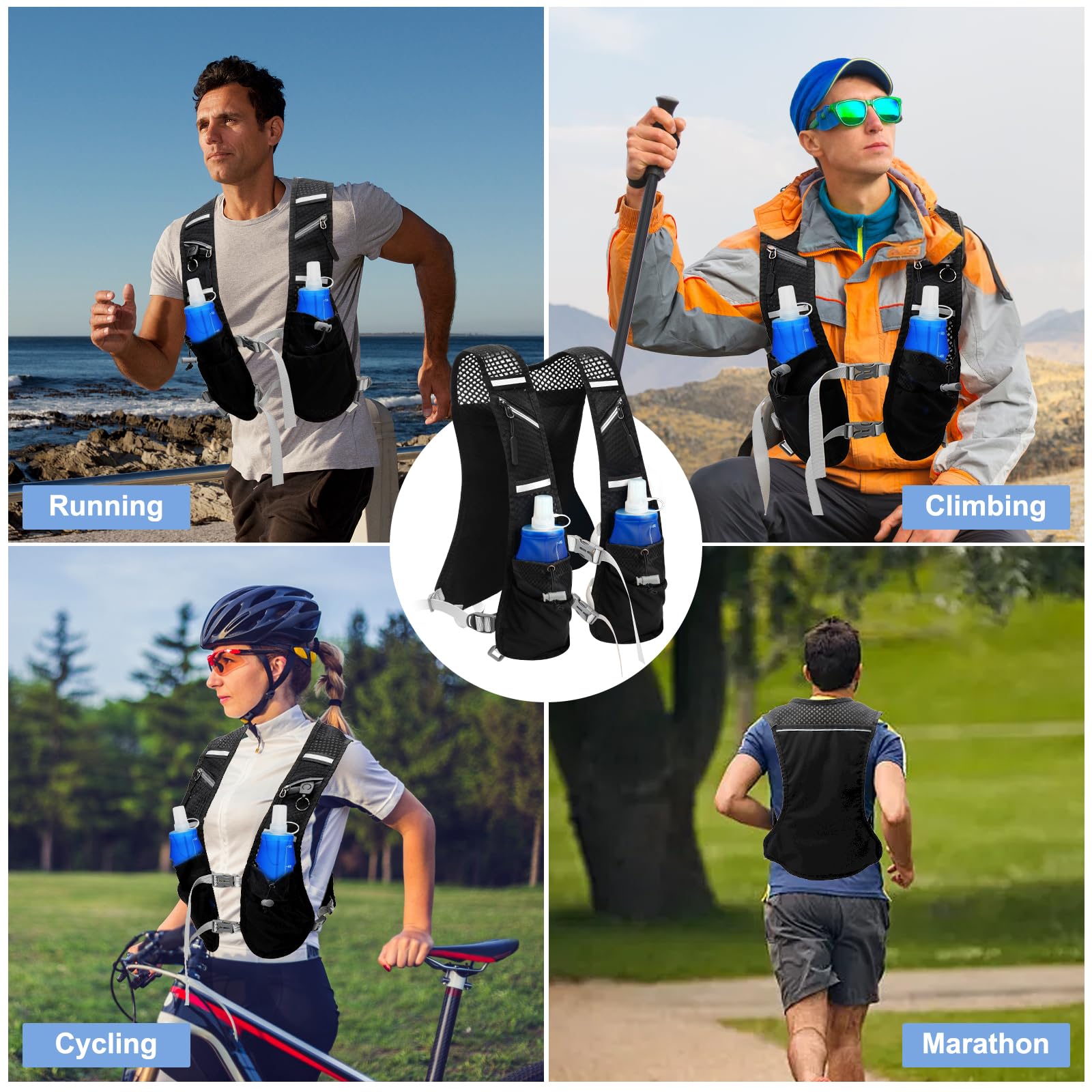 Gilet Running Super Leggero con 2 Borraccia Morbida 500ml, Zaino Trail Running per Uomo e Donna, Cinghie Pettorali Regolabili, Riflettente Traspirante per Corsa Maratona