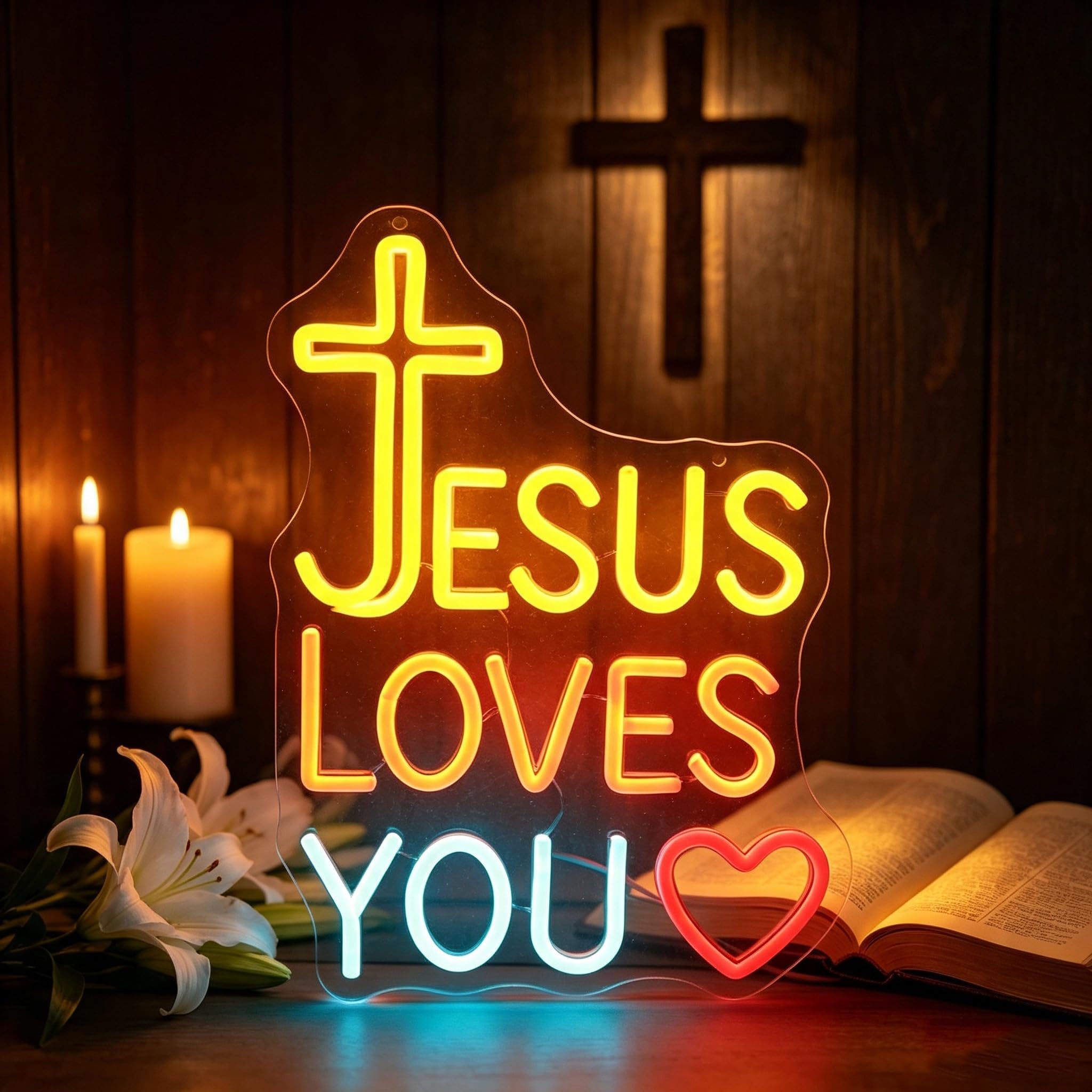 Insegna al Neon a Lettere LED Regolabile Scritta JESUS Alimentazione USB | Luce Regolabile per Stanze e Chiese - Decorazione Cristiana per Camera da Letto e Soggiorno, Illuminazione Ispirata alla Fede