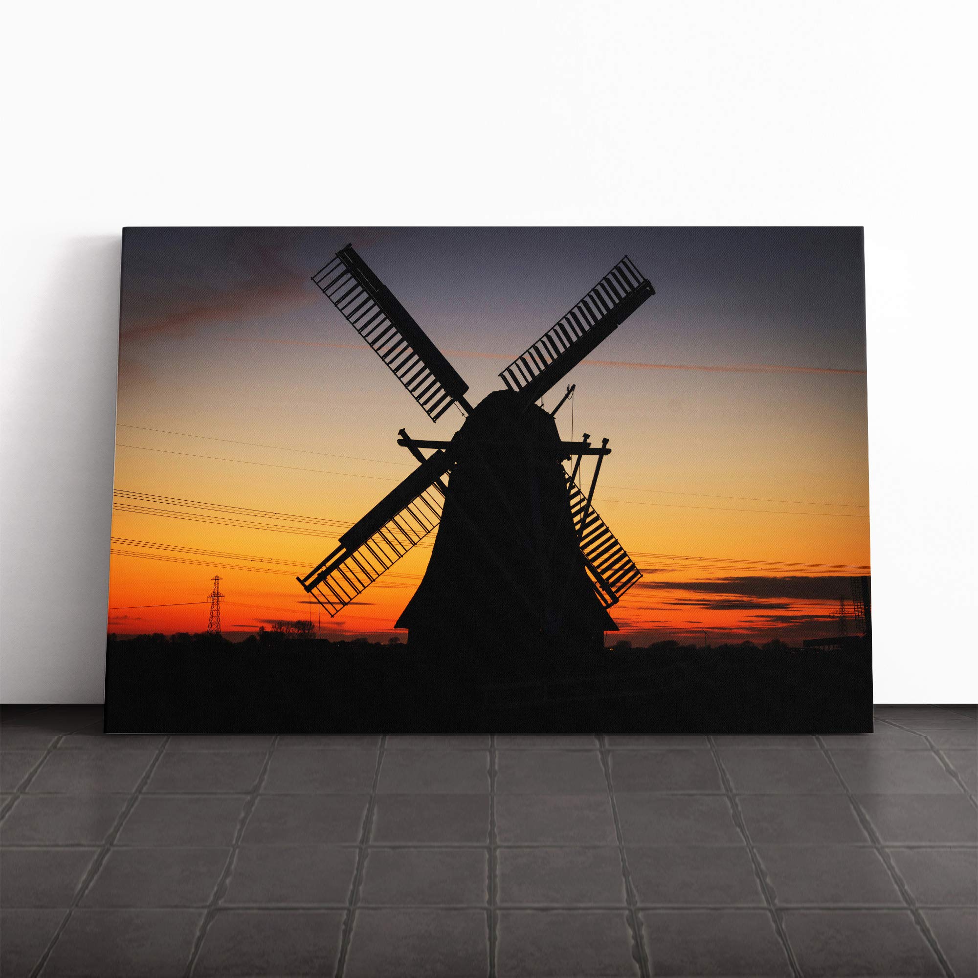 Landscape Windmill Sunset Netherlands Canvas Print | Gallery Wrapped 30mm Frame Wall Art | 24x16 inches | Ready to Hang | Modern Landscape Picture | Living Room Bedroom Lounge Office