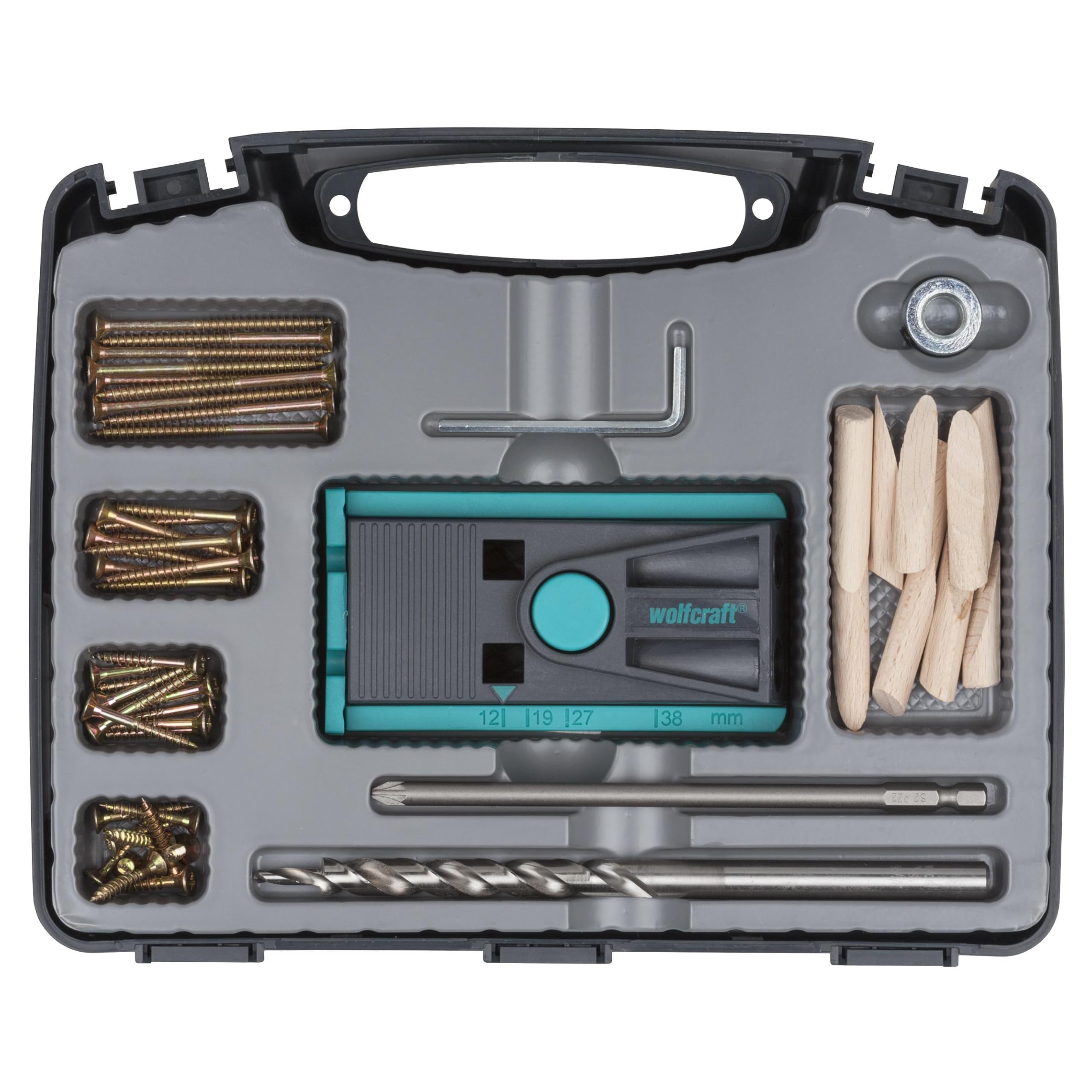 wolfcraft Set per Giunzioni Nascoste in Legno, Dima per Fori a Tasca con Punta a Gradini, Arresto di Profondità, Viti e Coprifori, in Valigetta – Giunzioni ad Angolo, a T e Piane Invisibili - 4642000