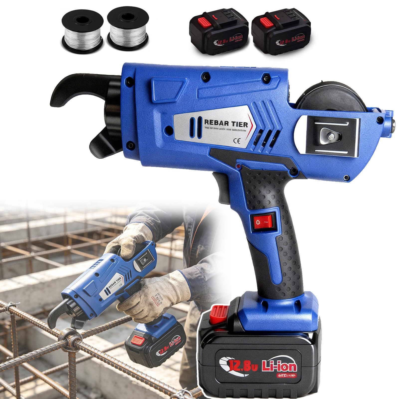 SOTIKARERY 12.8V Automatic Rebar Tier Tying Machine,8-34mm Steel Bar Tie Tool with 4400mah Rechargeable Batteries,Electric Rebar Strapping Gun,Two Battery