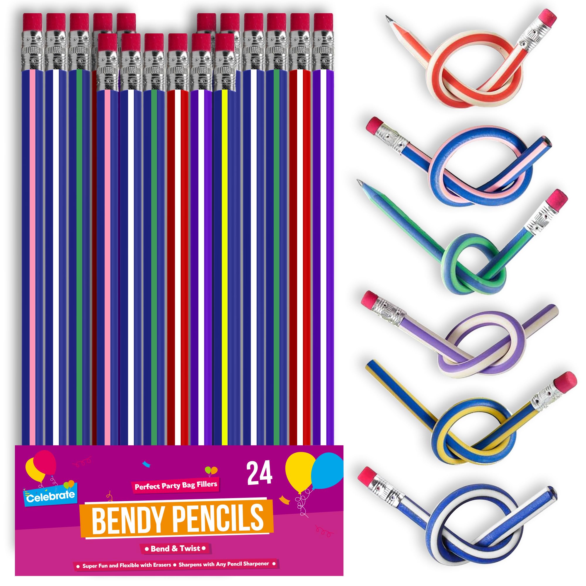 SOL 24pk Bendy Pencils, 18.5cm Flexible Novelty Writing Tools in Bright Colours, Ideal for Kids' Party Favours, Birthday Bags