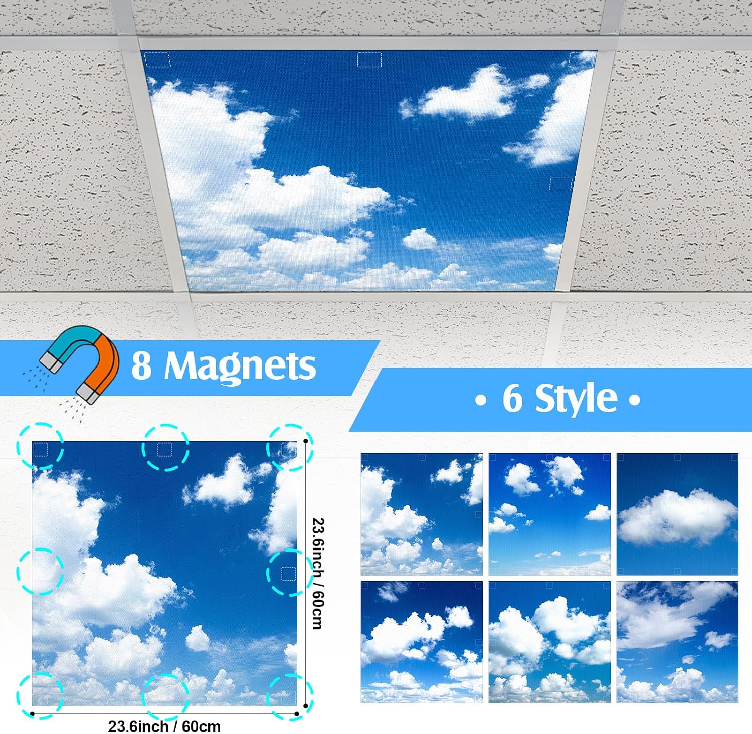 6 Pcs x 2 ft Fluorescent Light Covers with 48 Magnets for Fluorescent Light Shade Drop Ceiling Filters for Classroom Office Kitchen Decor(Blue Sky)