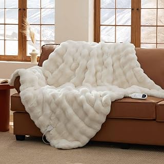 Bedsure Fluffy Bubble Faux Fur Heated Blanket Throw - Super Soft Electric Blanket, Heating with 6 Heating Levels, 4 Time Settings, 3-Hour Auto-Off, Decor Gifts for Home, White, 50x60 inches - Amazon product rated Grade A