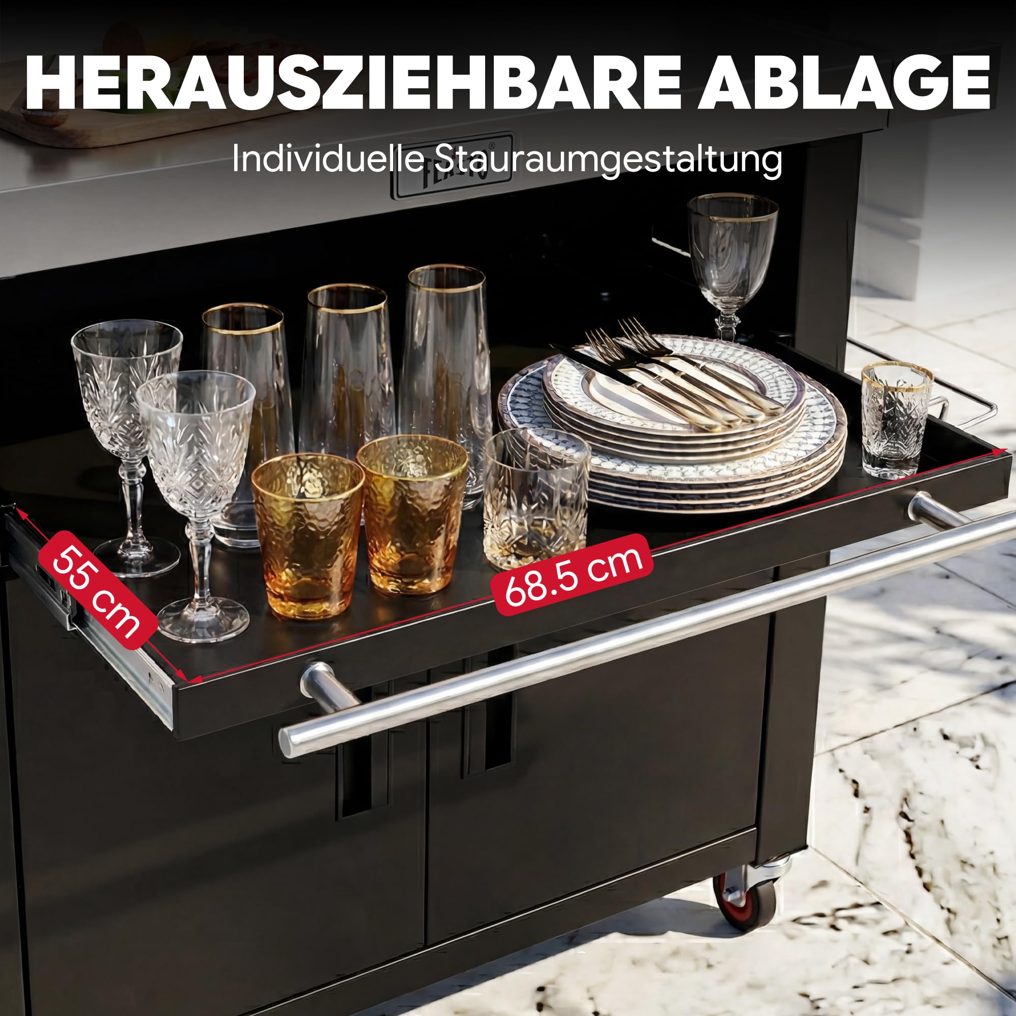 Outdoor-Küche Grillwagen Outdoor Grilltisch Outdoor wetterfest mit Schrank | 188x66x92 cm Servierwagen Pizzatisch mit 2 Klappbarer Beistelltisch, ausziehbare Ablage, für Pizzaofen, Außenküche,Terrasse