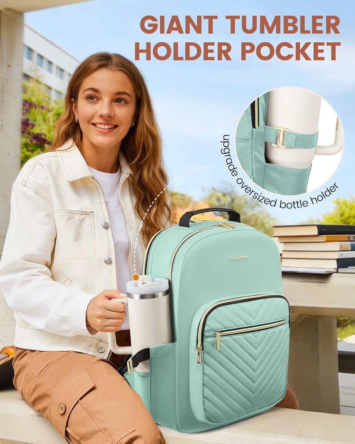 LOVEVOOK Laptop Backpack for Women with Giant Tumbler Holder 15.6 inch,Designer Travel Backpack Laptop Bag College Backpack,Quilted Work Nurse Teacher Backpack Purse Computer Bag Daypack,Mint Green - Image 2