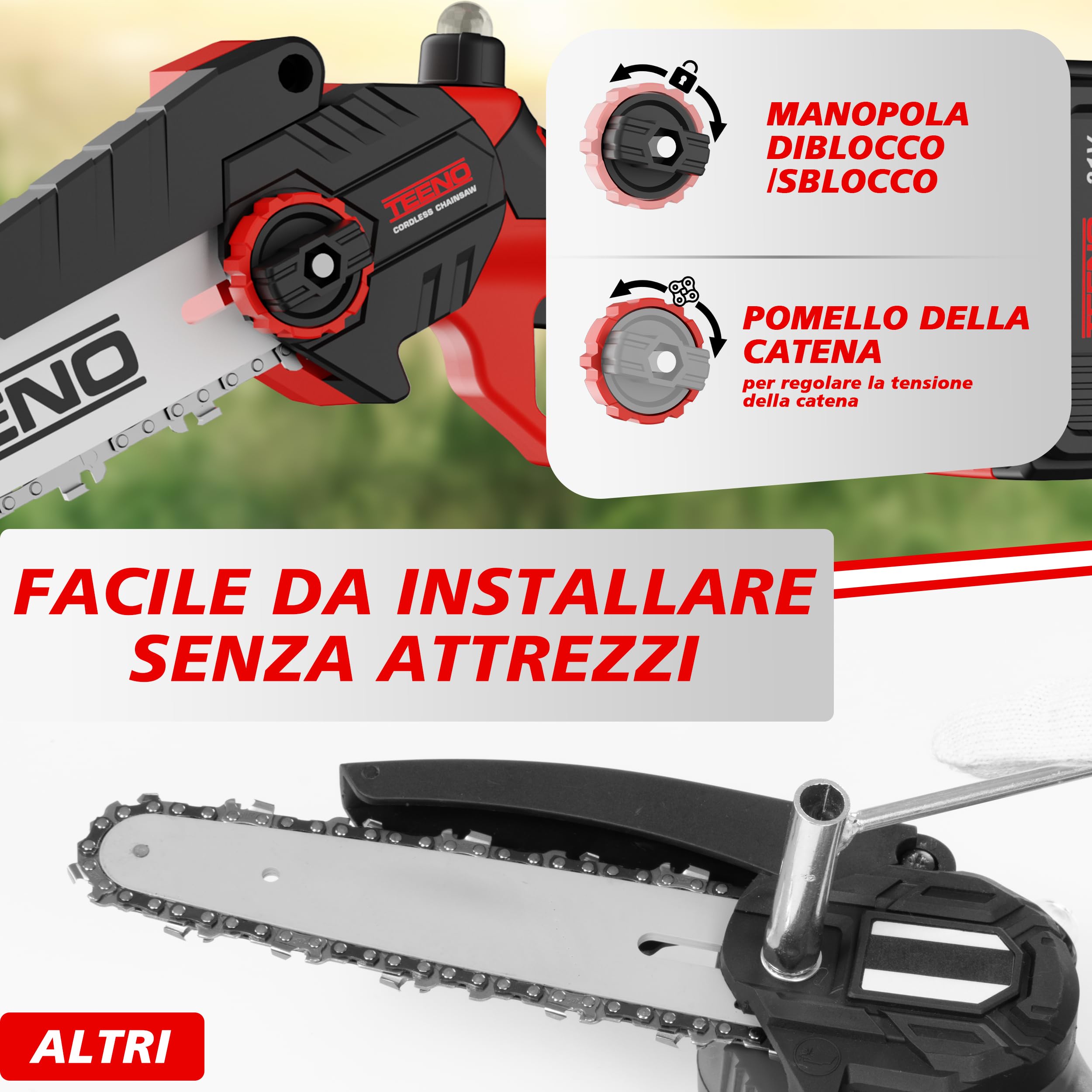 TEENO Segatrice elettrica,segatrice elettrica 2 in 1,asta telescopica | staccabile,regolazione a 180°,6 pollici,2 batterie da 4000 mAh,2 piastre di guida,2 catene