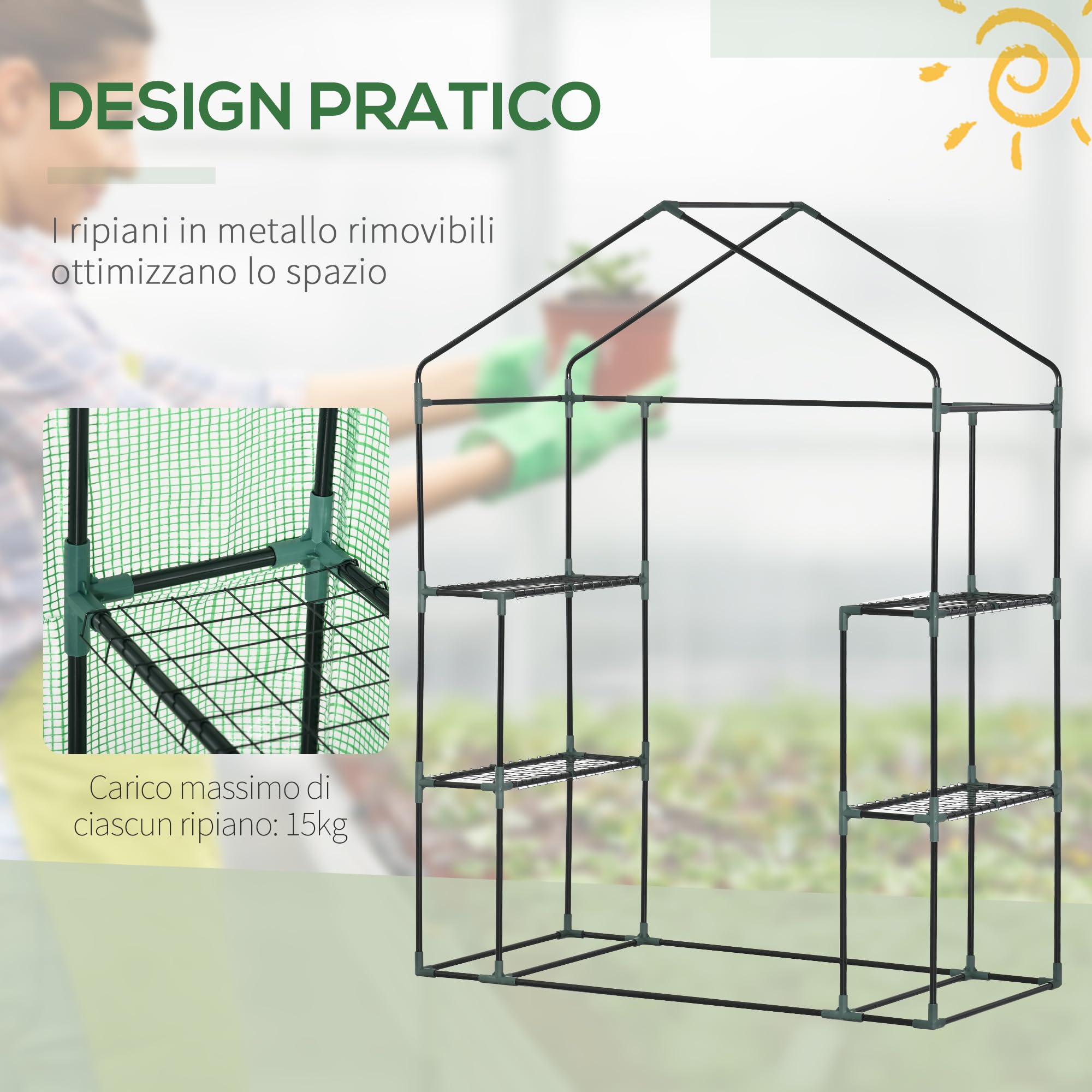 Outsunny Serra da Esterno con 4 Ripiani, Funi e Picchetti, in Acciaio e Plastica PE, 141x72x191 cm, Verde