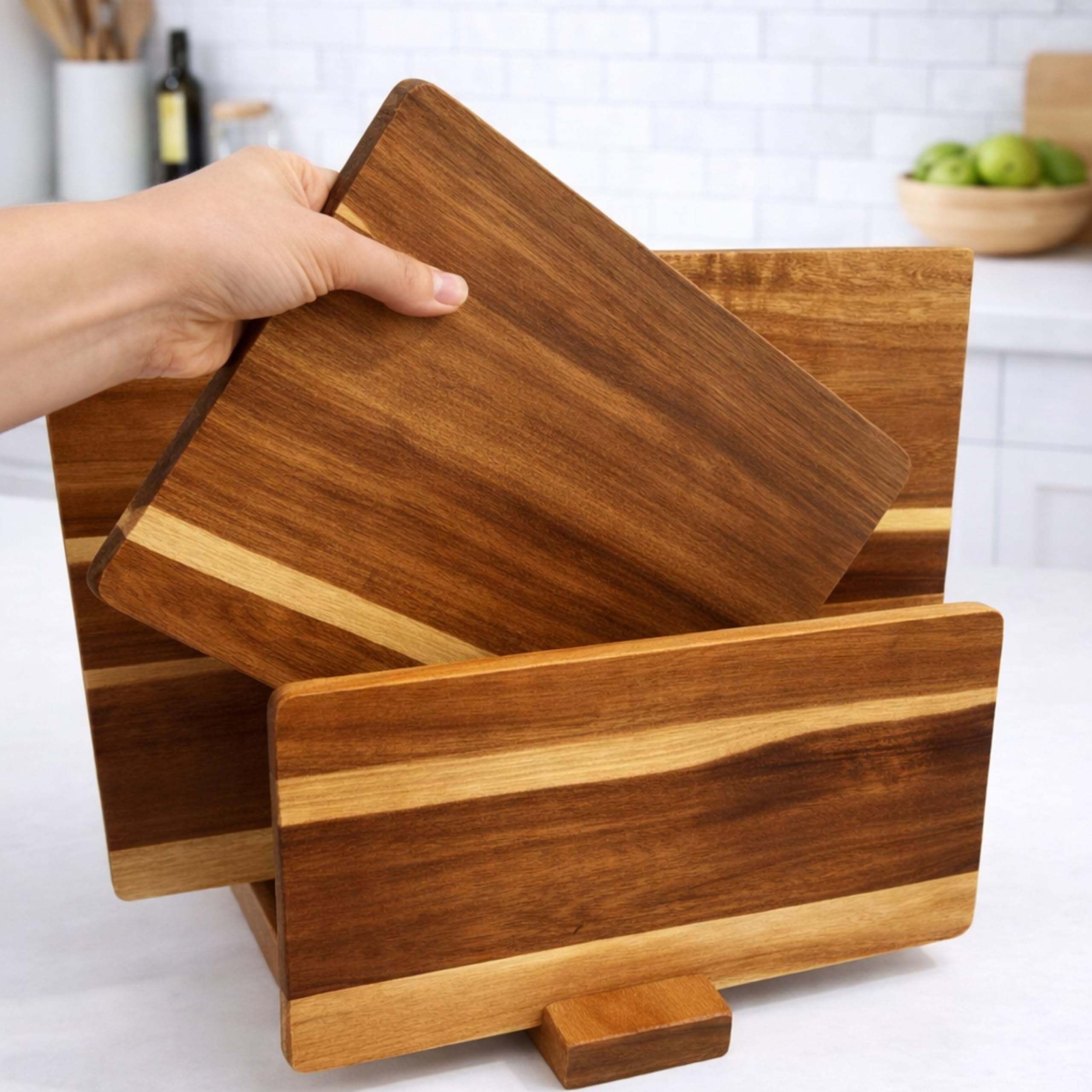 Akazienholz Schneidebretter mit Saftrille -Moderne Schneiderbrett 3er Set - Vielseitig Einsetzbar für Küche & als Servierplatten(43x30, 30x25, 30x17cm)1,5cm dick - Schneidebrett Holz