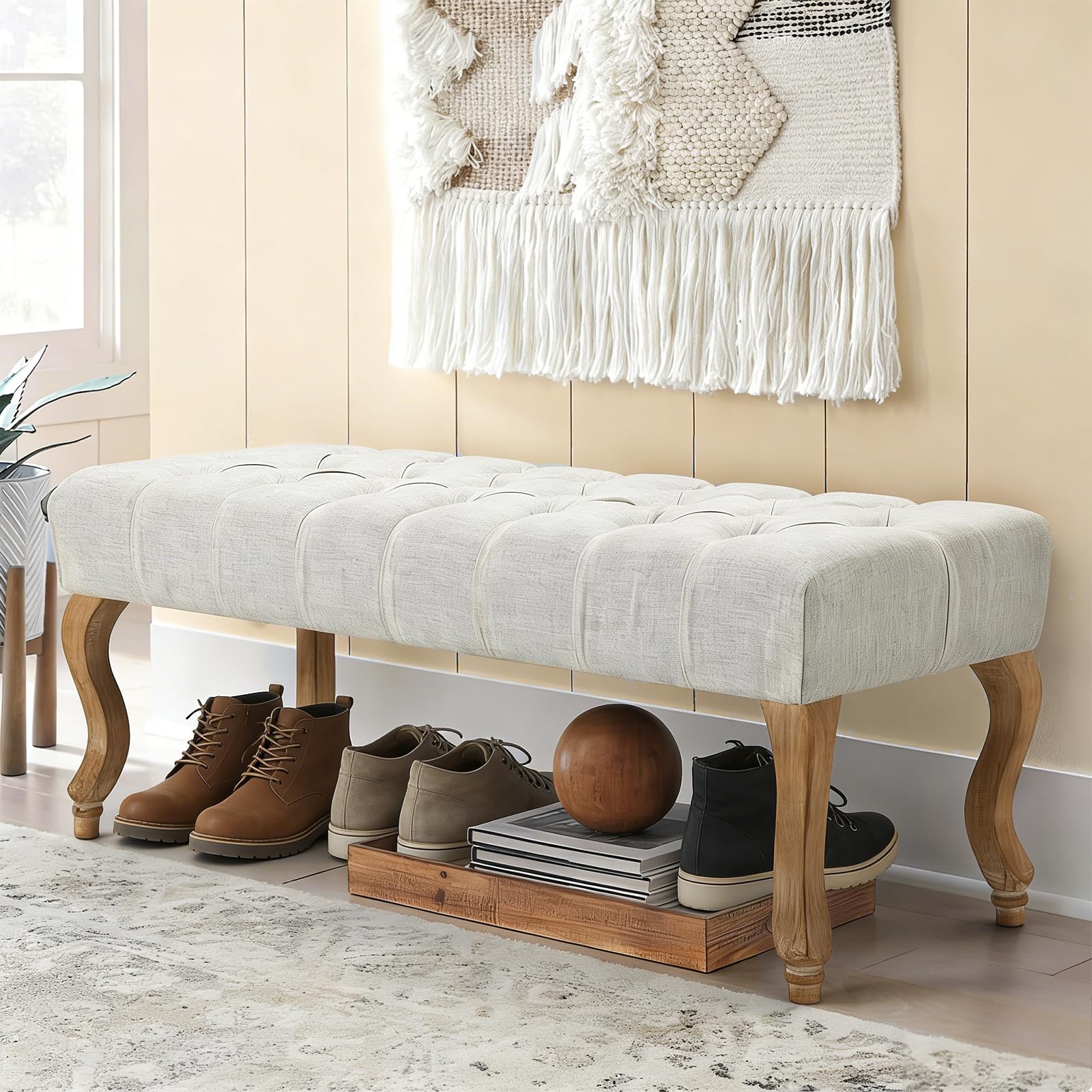 ECOTOUGE French Vintage Button-Tufted Upholstered Entryway Bench, Linen Fabric Accent Bench with Distressed Wood Legs for Living Room, Foyer, Dining