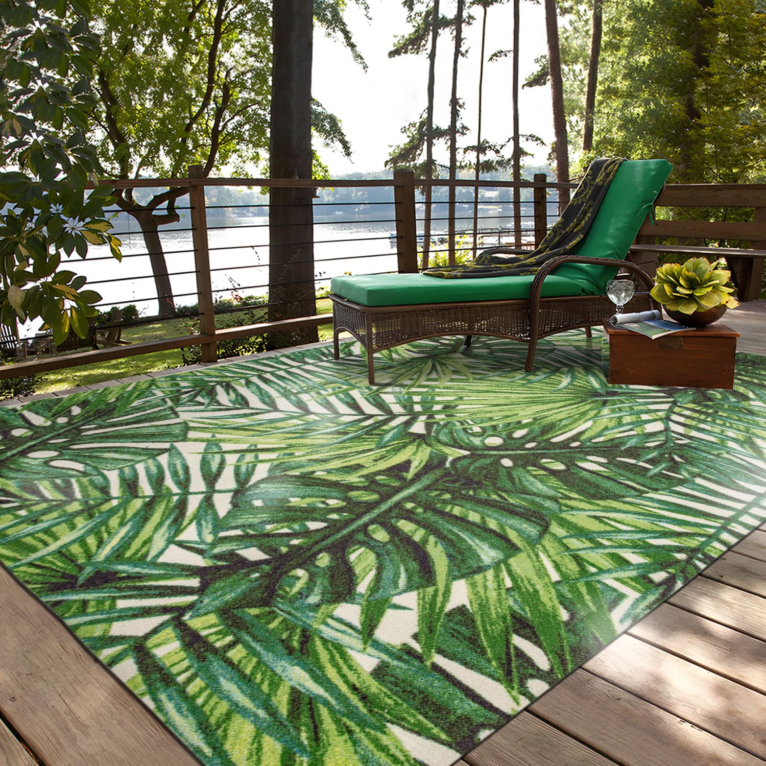 Taleta Sunshine Outdoor Rug Waterproof Outdoor Area Rug Large Picnic Blanket Rug Easy Clean Garden Rug Camping Mat Tropical Plant Palm Leaf Rug for Patio Balcony Beach BBQ Deck (Green, 160x230cm)