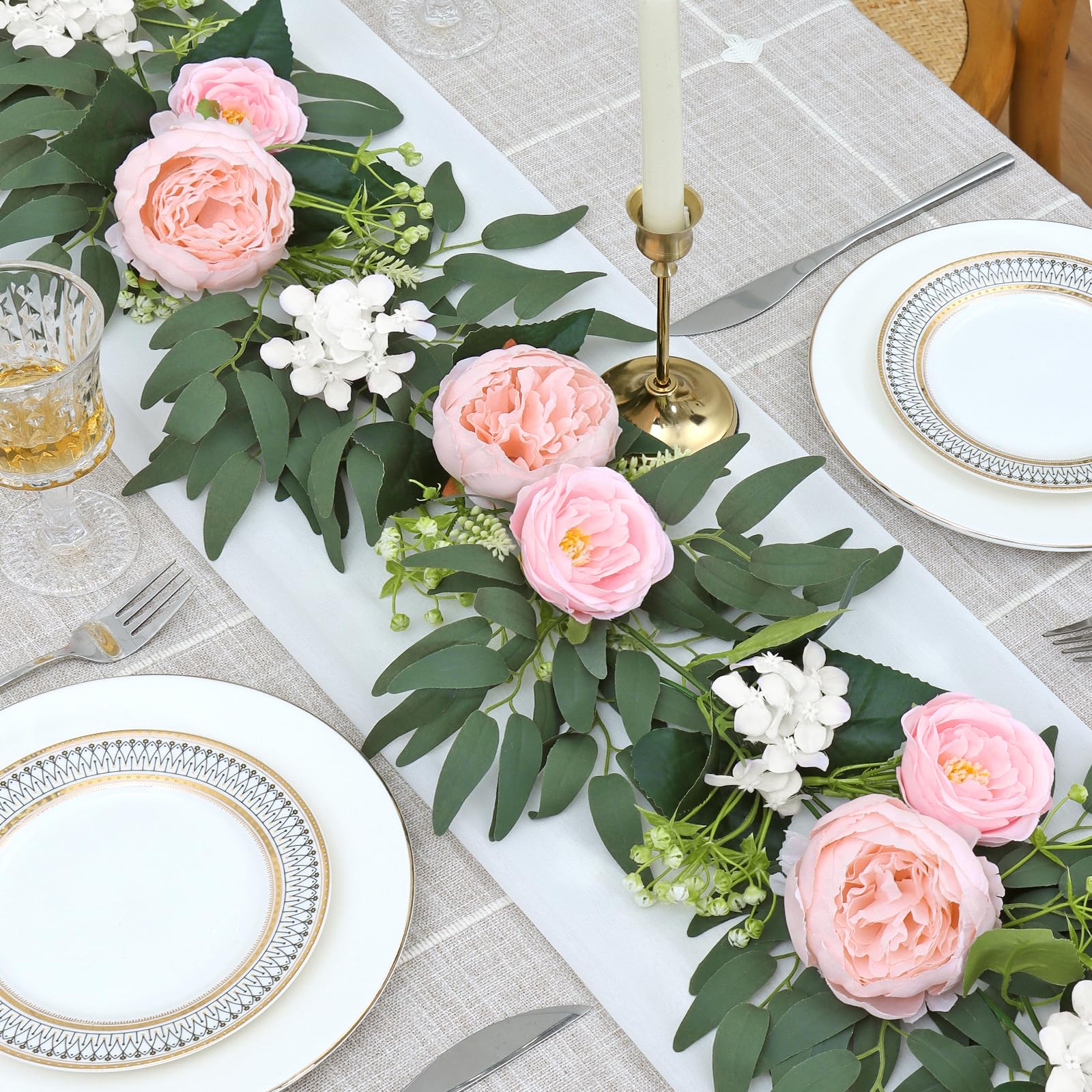 Künstliche Blumen Girlande Eukalyptus Girlande Vintage Gefälschte Blume Pfingstrose Rosenrebe Grün Dekorative Wandbehangpflanze für Hochzeitsbogen Türanordnung Party (4 Girlande, Hellrosa)