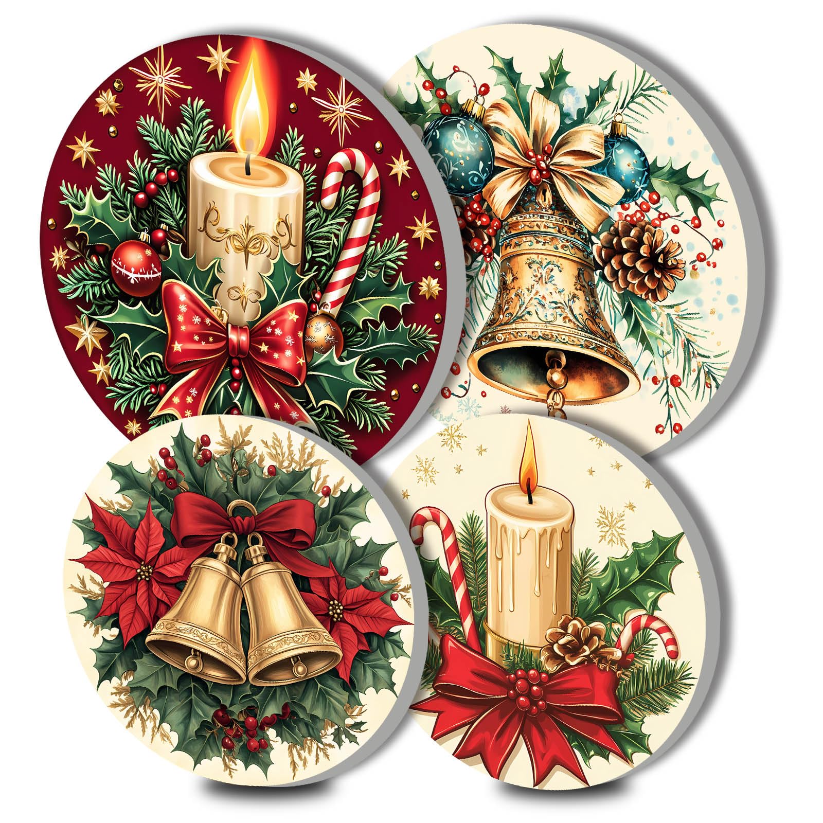 Christmas Candle Art Electric Stove Burner Covers 4 Pcs Christmas Bells Round Stove Burner Covers,Candy Canes Stove Burner Cover,8 Inch and 10 Inch,Red Bow Metal Cooktop Home Decorative
