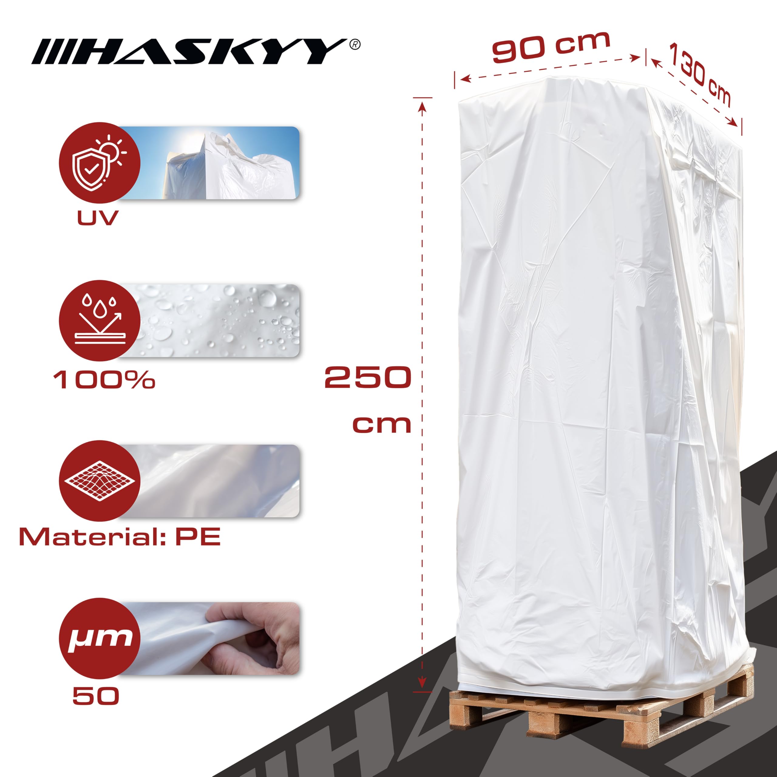 HASKYY Pokrowiec ochronny XXXL 250 x 130 x 90 cm, uniwersalny pokrowiec na palety, kratkę, grill, kosze plażowe, meble ogrodowe, wodoszczelny pokrowiec ochronny z polietylenu, bardzo wysoki, odporny