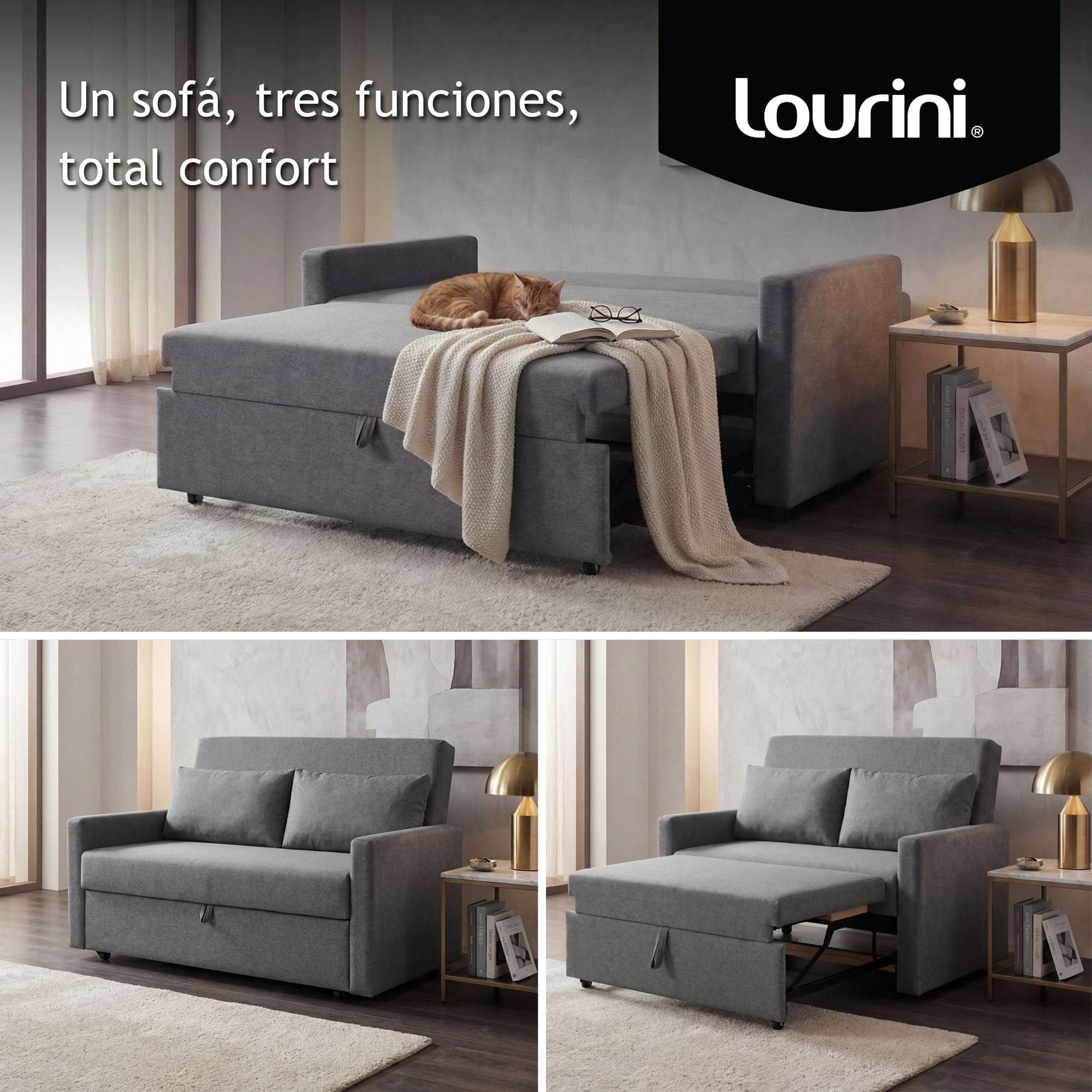 Sofá Cama 2 Plazas, Sillón Cama Plegable Convertible, Sofa Bed Double Matrimonio 132 cm, Extraíble y Extensible, Dos Plazas, Máxima Comodidad, Moderno y para Espacios Reducidos