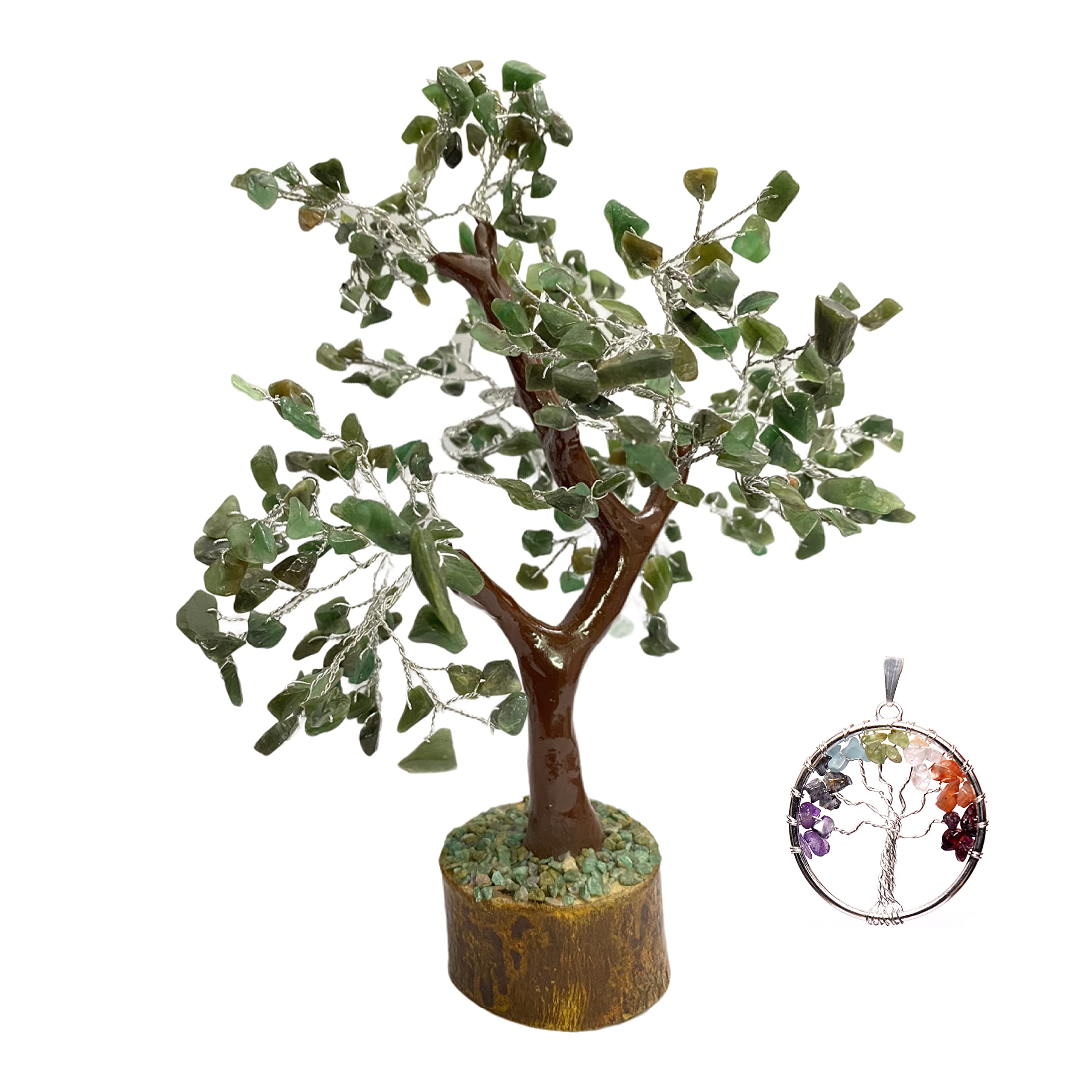 KACHVI Crystals Healing Stones 7-Chakra Natural Gemstone Bonsai (300 Beads) of 10-12in Silver Wire, Dark Green