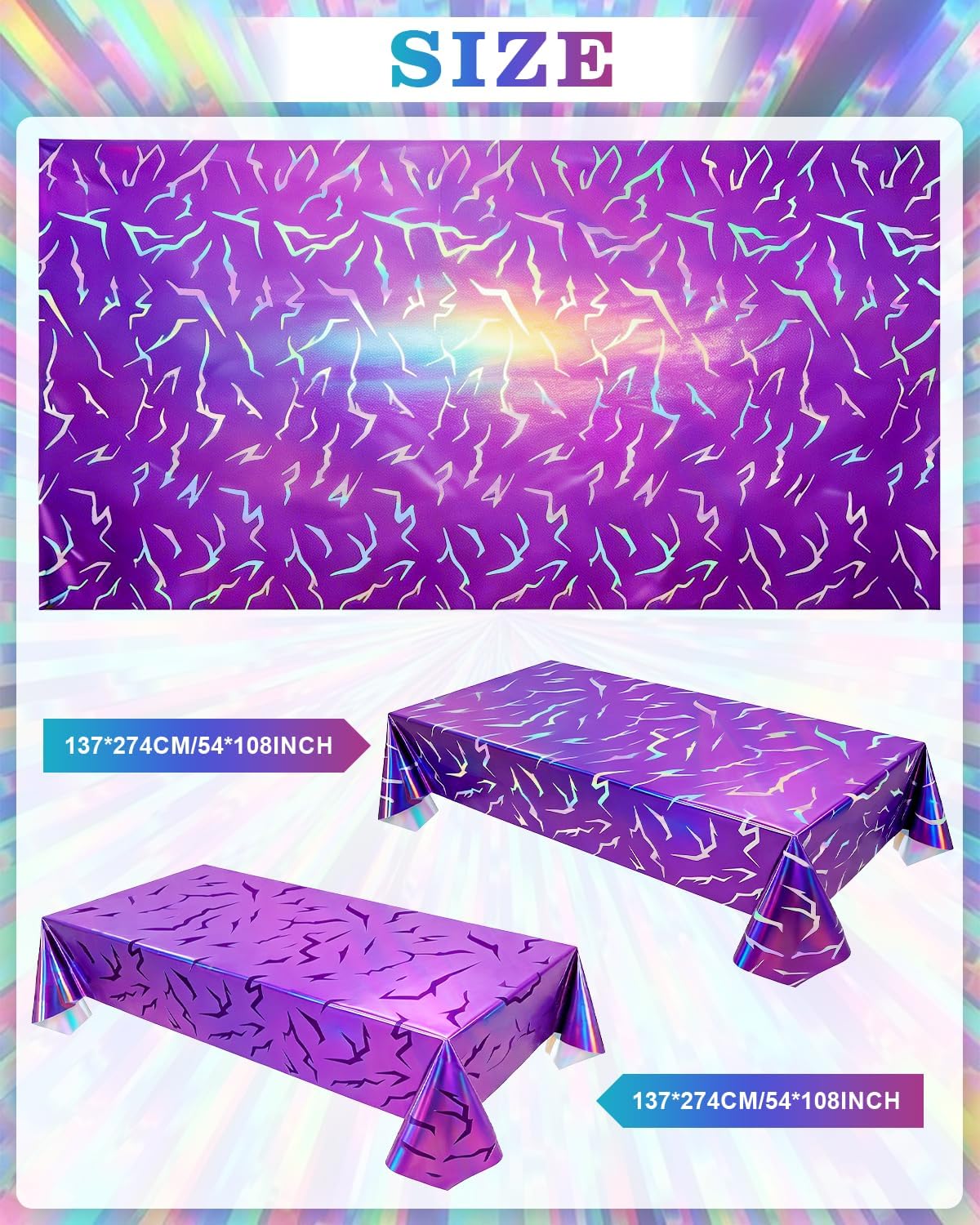 2 Pcs K-Style Purple Iridescent Holographic Laser Tablecloth,54×108" Music Lightning Pattern Table Cloth, Disposable Waterproof Plastic Table Cover,Korean Idol Table Decoration