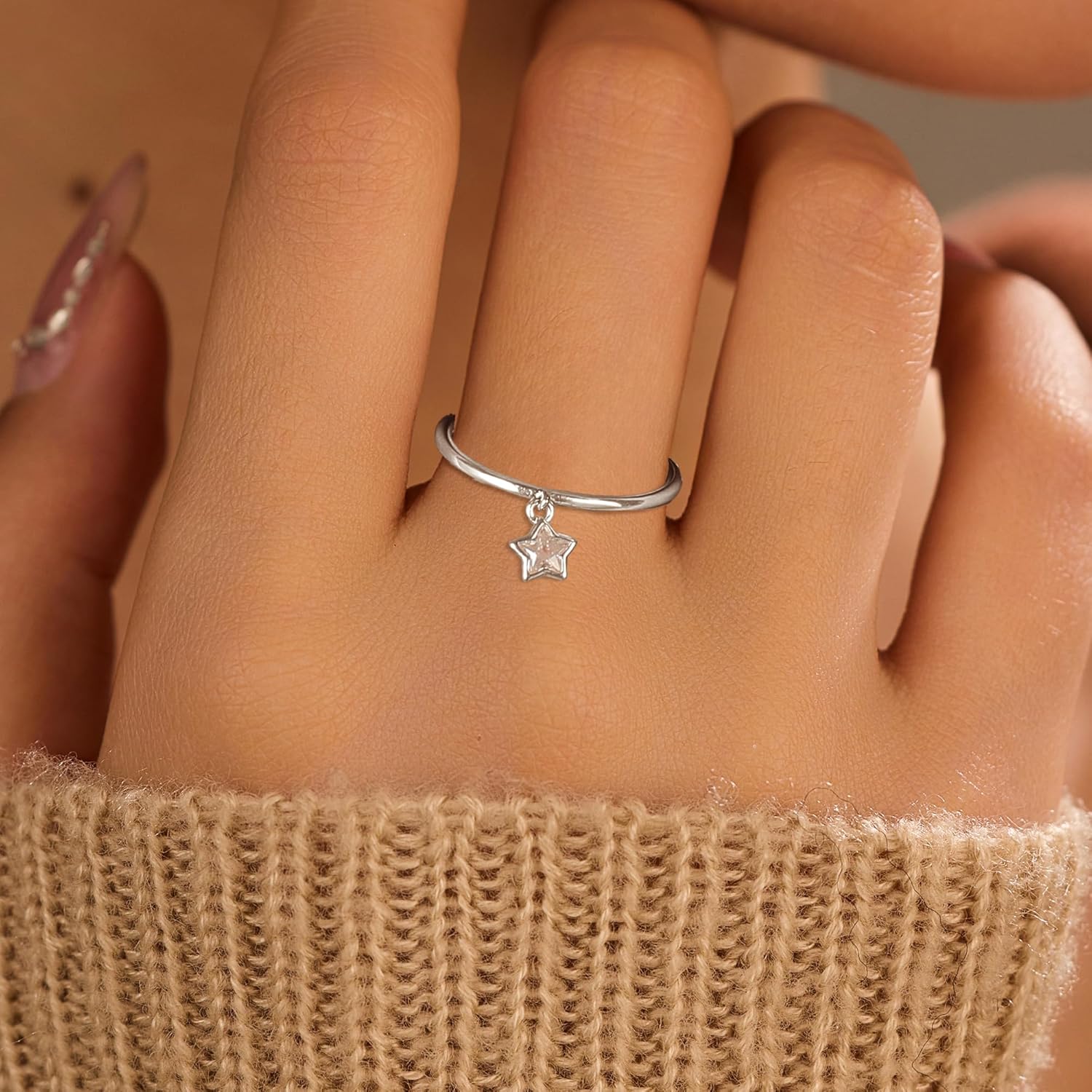 XAYAH 925 Sterling Silver Dainty Star Dangle Promise Ring for Women CZ Crystal Dangling Charm Stacking Ring Statement Engagement Rings Wedding Band Minimalist Valentine's Day Jewelry Gifts for Her - Image 2