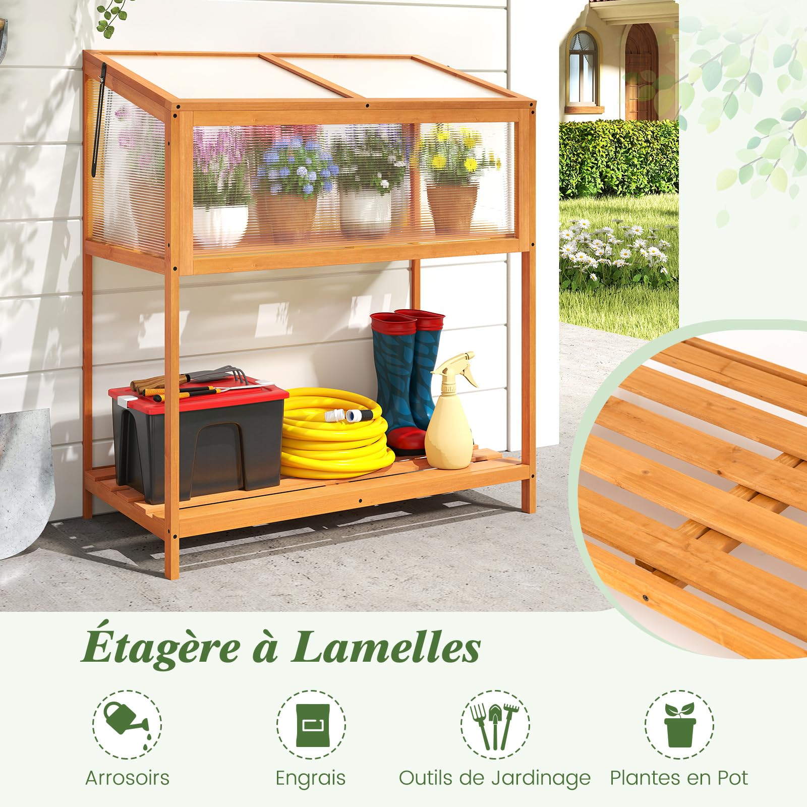 COSTWAY Serre de Jardin en Bois de Sapin, Serre Surélevée Extérieur avec Toit Transparent Ouvrant Étagère de Rangement à Lattes, Gain de Place pour Jardin Véranda Balcon, Orange (90 x 50,5 x 105 cm)