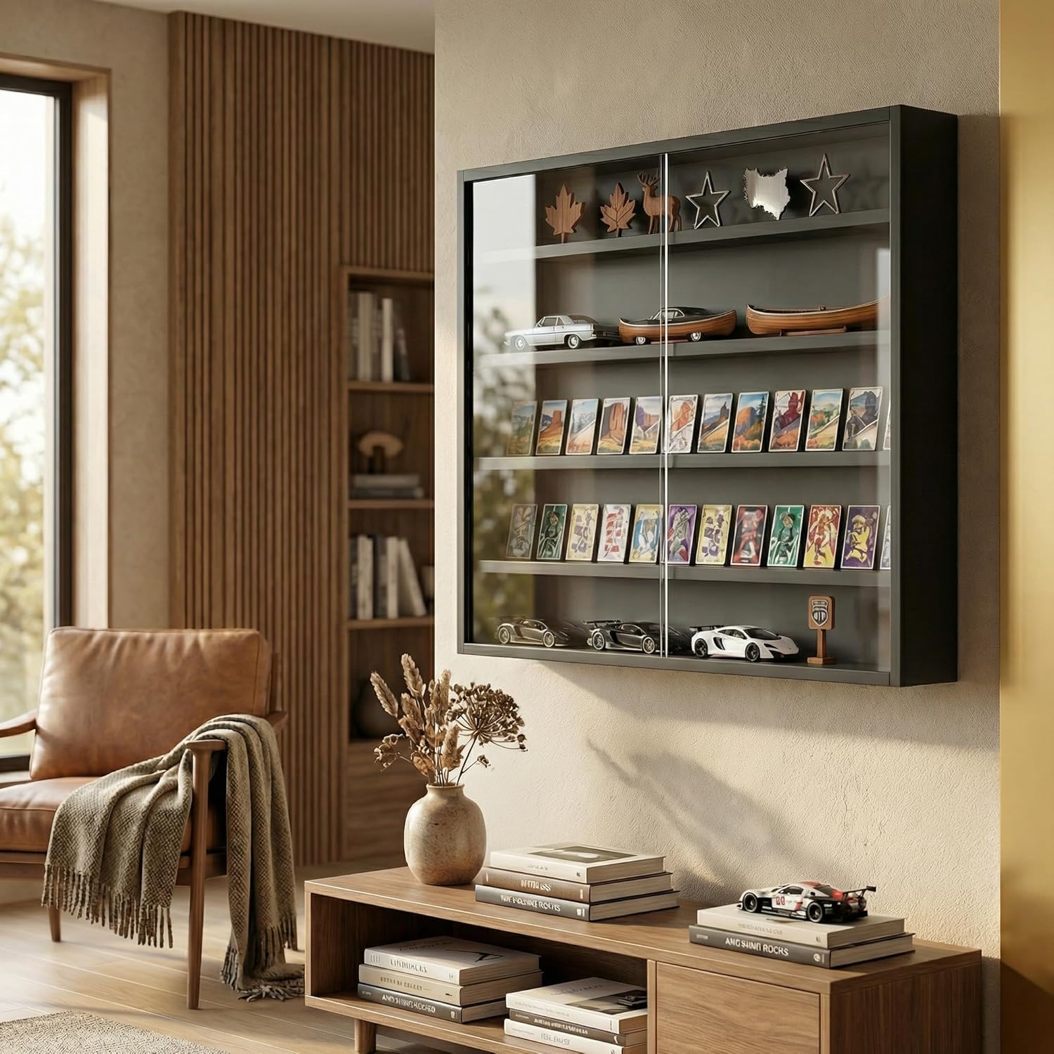 5-Tier Wall Mounted Display Cabinet, No Assembly Required Ready to Use Out of the Box Glass Door Display Case with Adjustable Shelves for Bedroom Playroom, Black