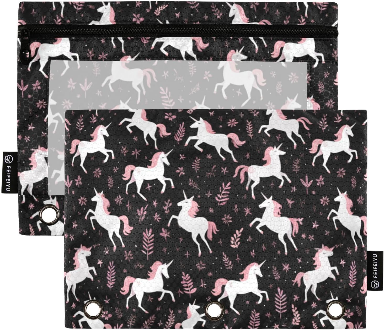 Binder Pouches 3 Ring for Boys Girls Cartoon Unicorns Pink Zipper Pencil Pouches Case Bag with Clear Window School College Office Supplies 2 Pack