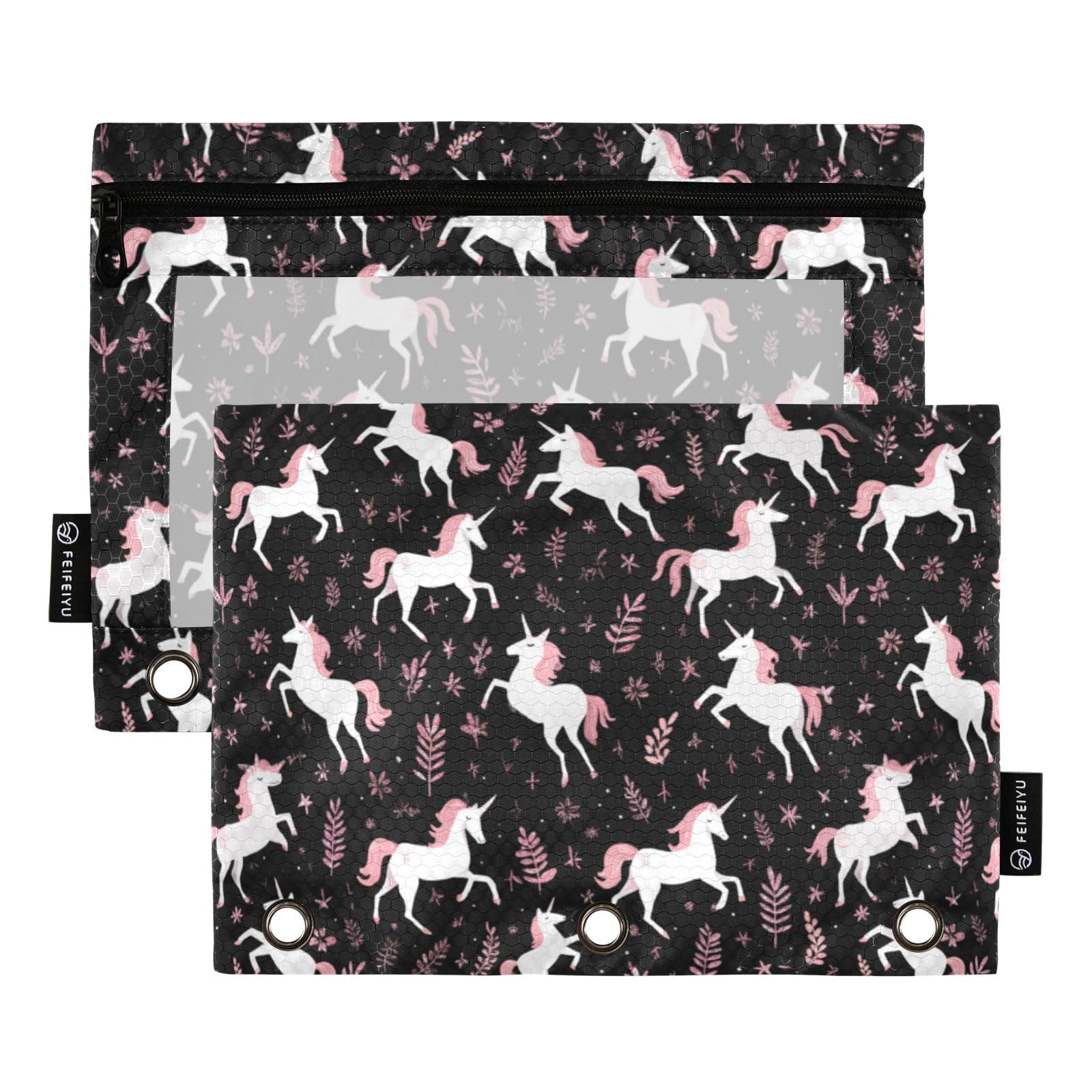 Binder Pouches 3 Ring for Boys Girls Cartoon Unicorns Pink Zipper Pencil Pouches Case Bag with Clear Window School College Office Supplies 2 Pack
