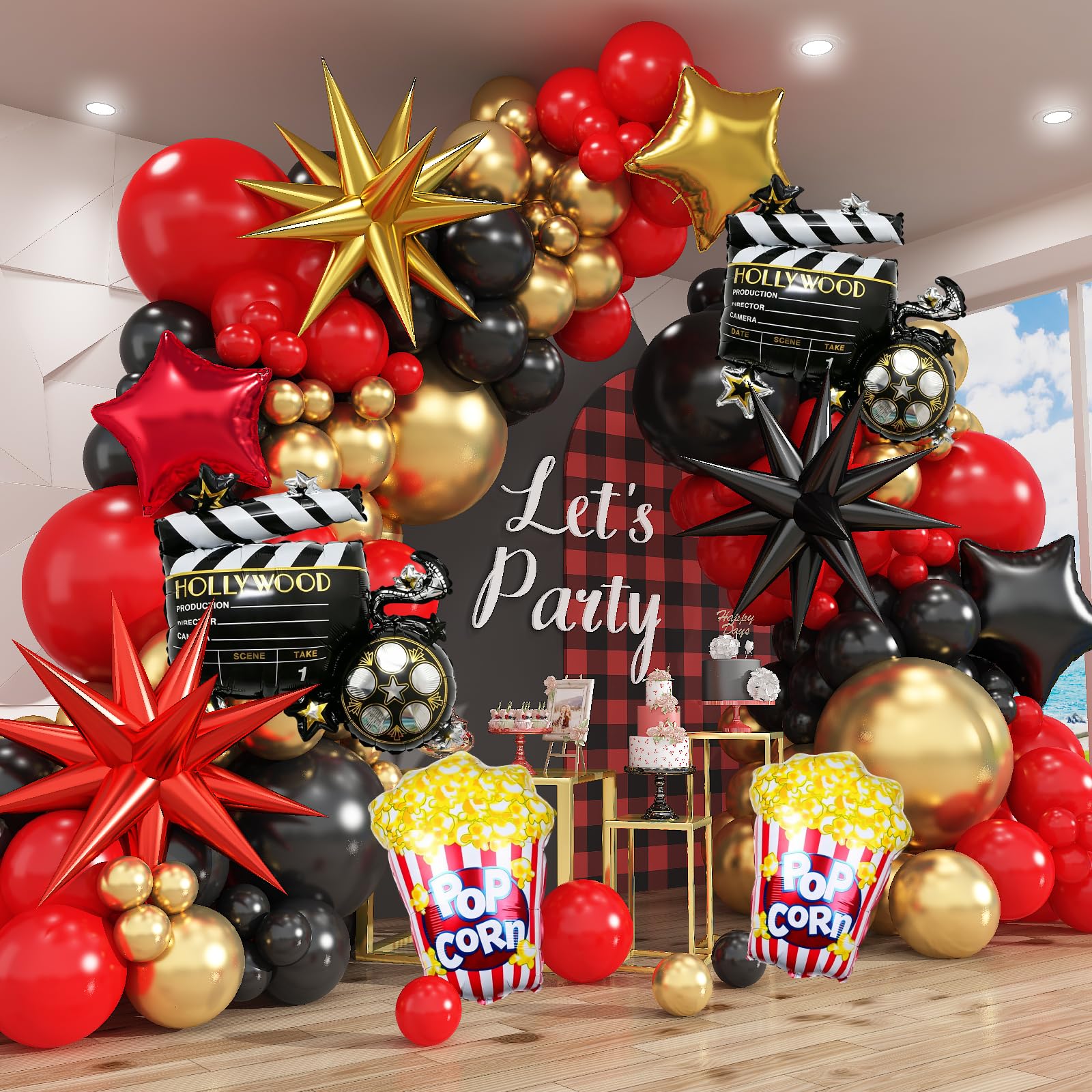 Kit d'arche de ballons 45,7 cm, 30,5 cm, 25,4 cm, 25,4 cm, 12,7 cm, différentes tailles, ballons rouge, noir et doré avec appareil photo pop-corn, étoiles et décorations de fête