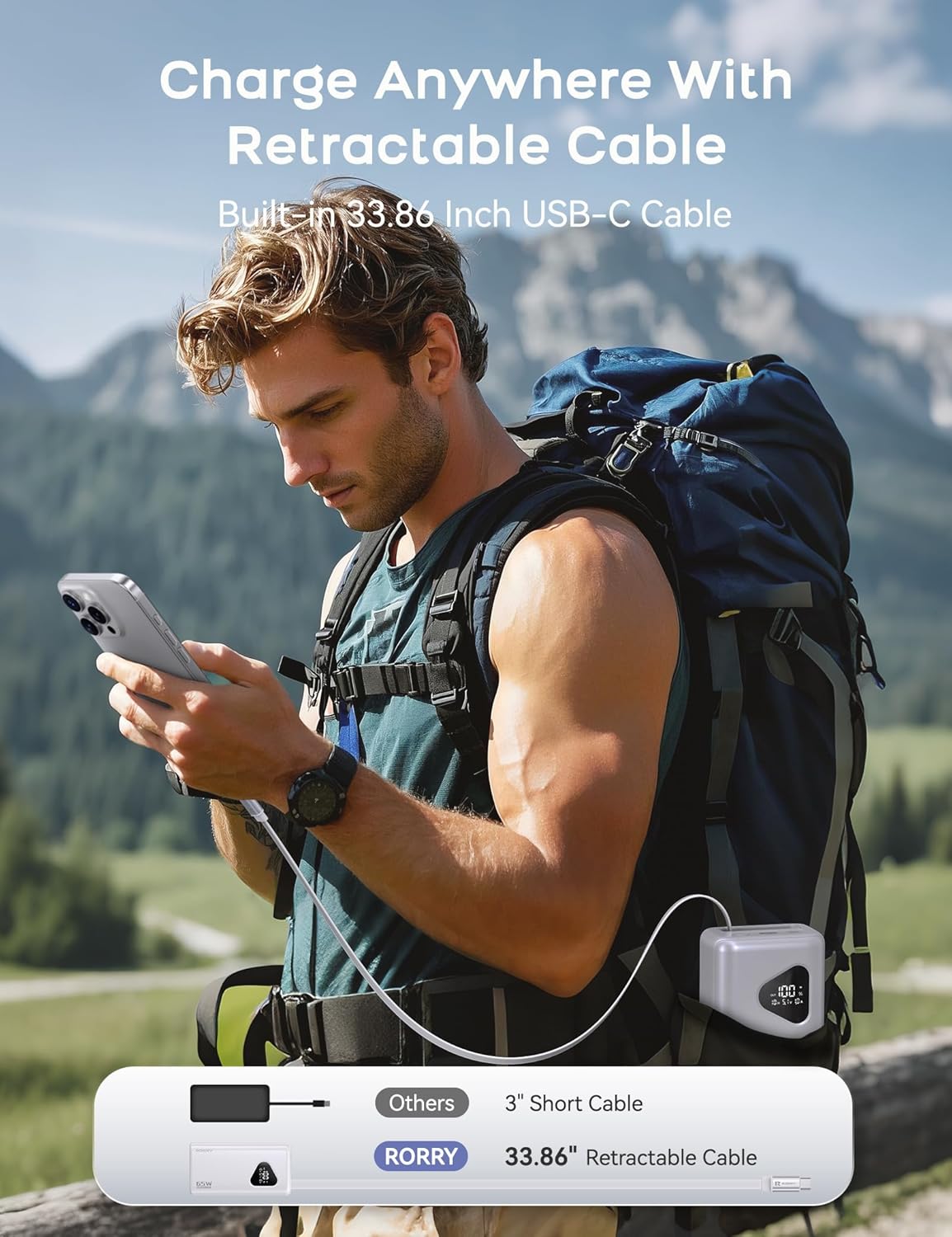 RORRY Laptop Power Bank, 25000mAh 65W Portable Laptop Charger Battery Bank PD Fast Charger Built in Retractable Cables, for iPhone 16/15 Series, MacBook, Samsung, Dell, XPS, iPad, Steam Deck, White image 3 of 9 B0F2T7JV5G