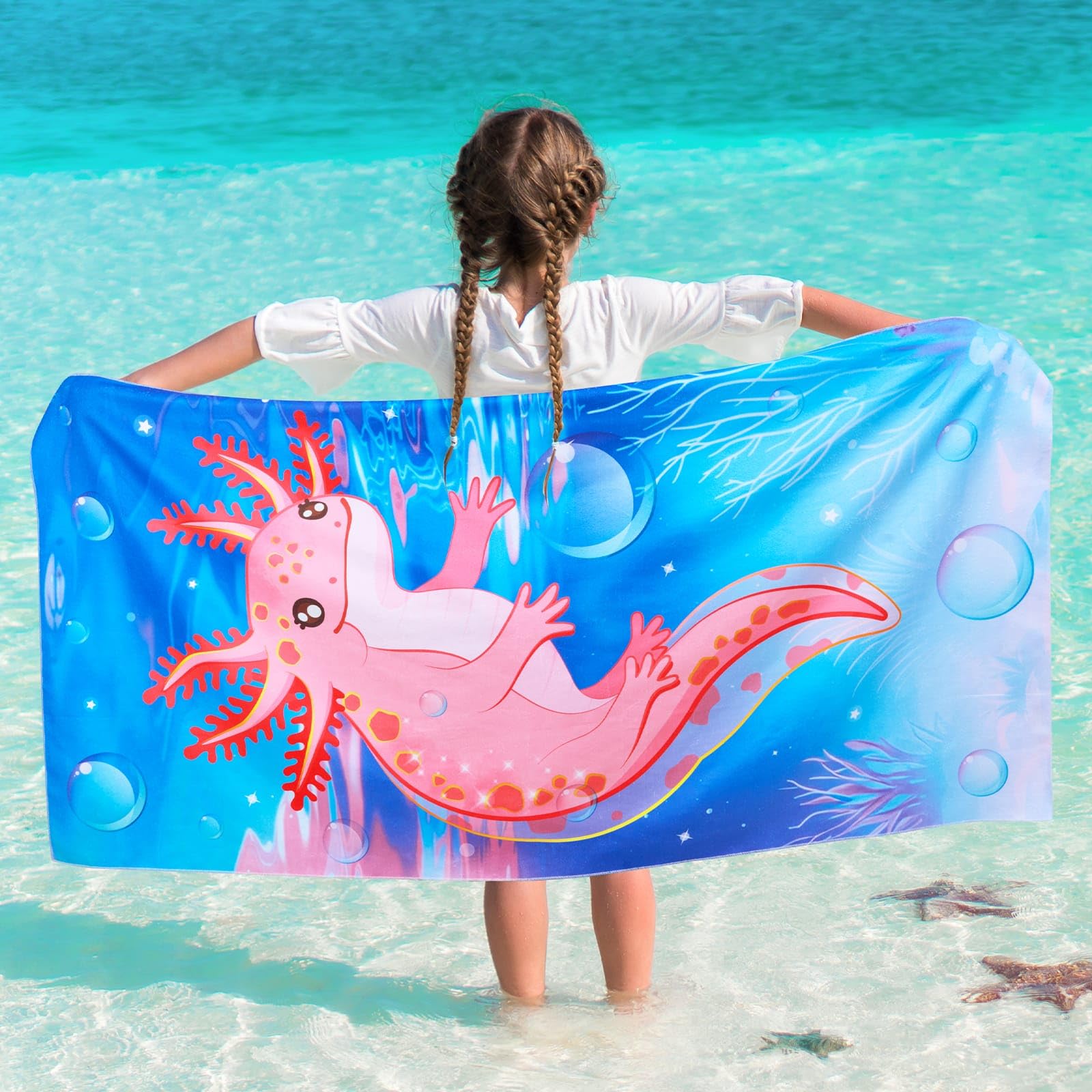 WERNNSAI Dinosaur Kids Beach Towel for Girls 76 x 150cm Axolotl Sand Free Swim Towels for Girls Bath Pool Camping Travel Towel Quick Dry Ultra Absorbent Super Soft Beach Blanket Bath Shower Towel