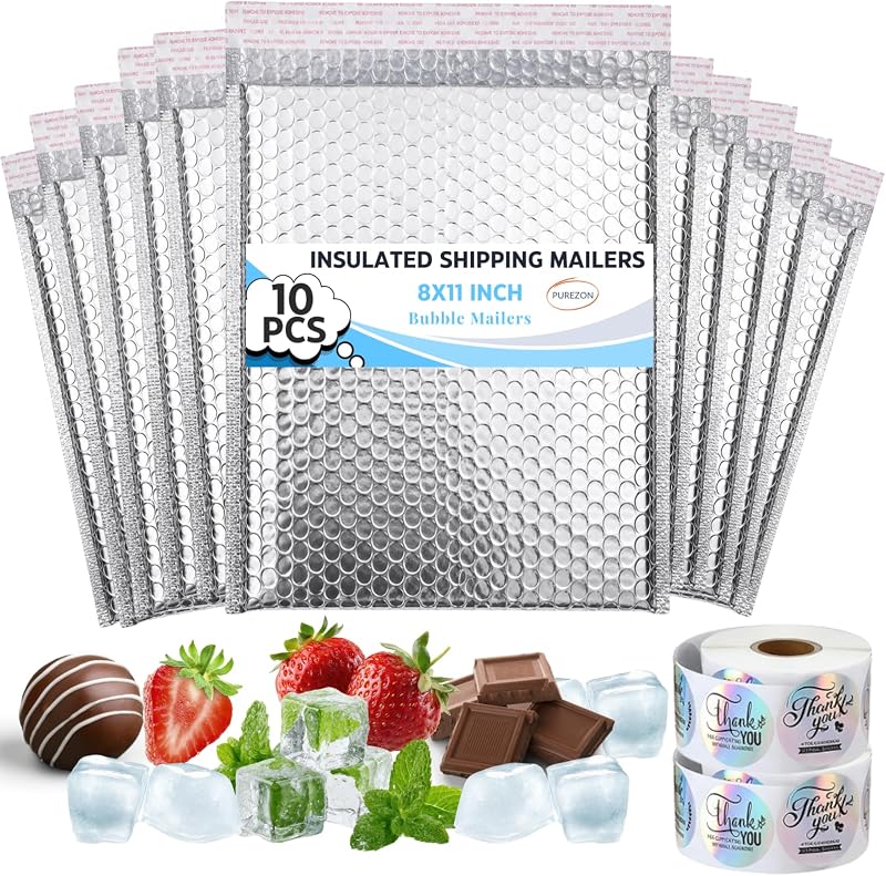 Insulated Shipping Mailers, 10 Pack, Silver, 8 x 11 Inch | Silver Metallic Bubble Mailers, Self Sealing Thermal Bubble Mailer with Stickers, Waterproof Cold Shipping Envelopes