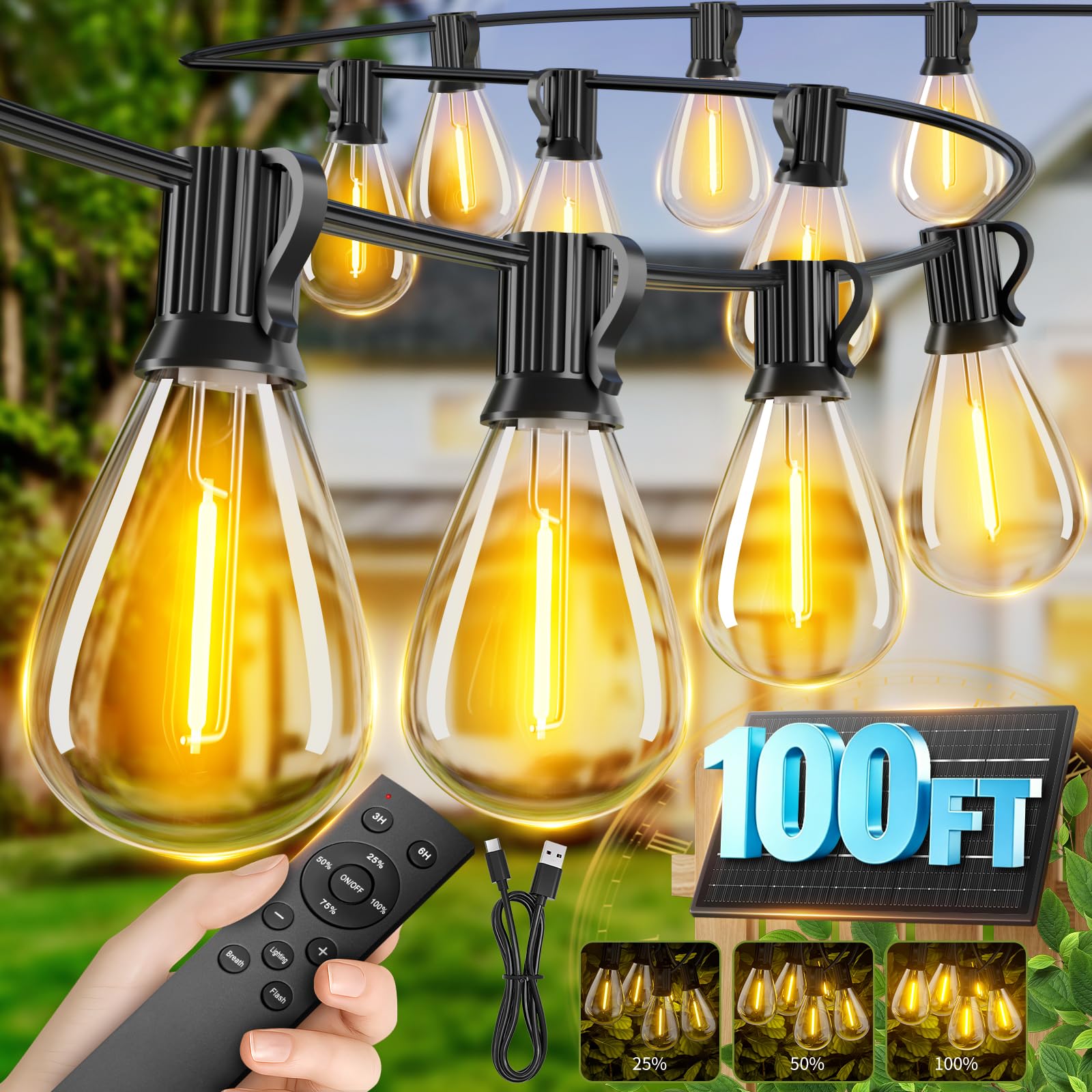 100FT Solar String Lights Outdoor Waterproof