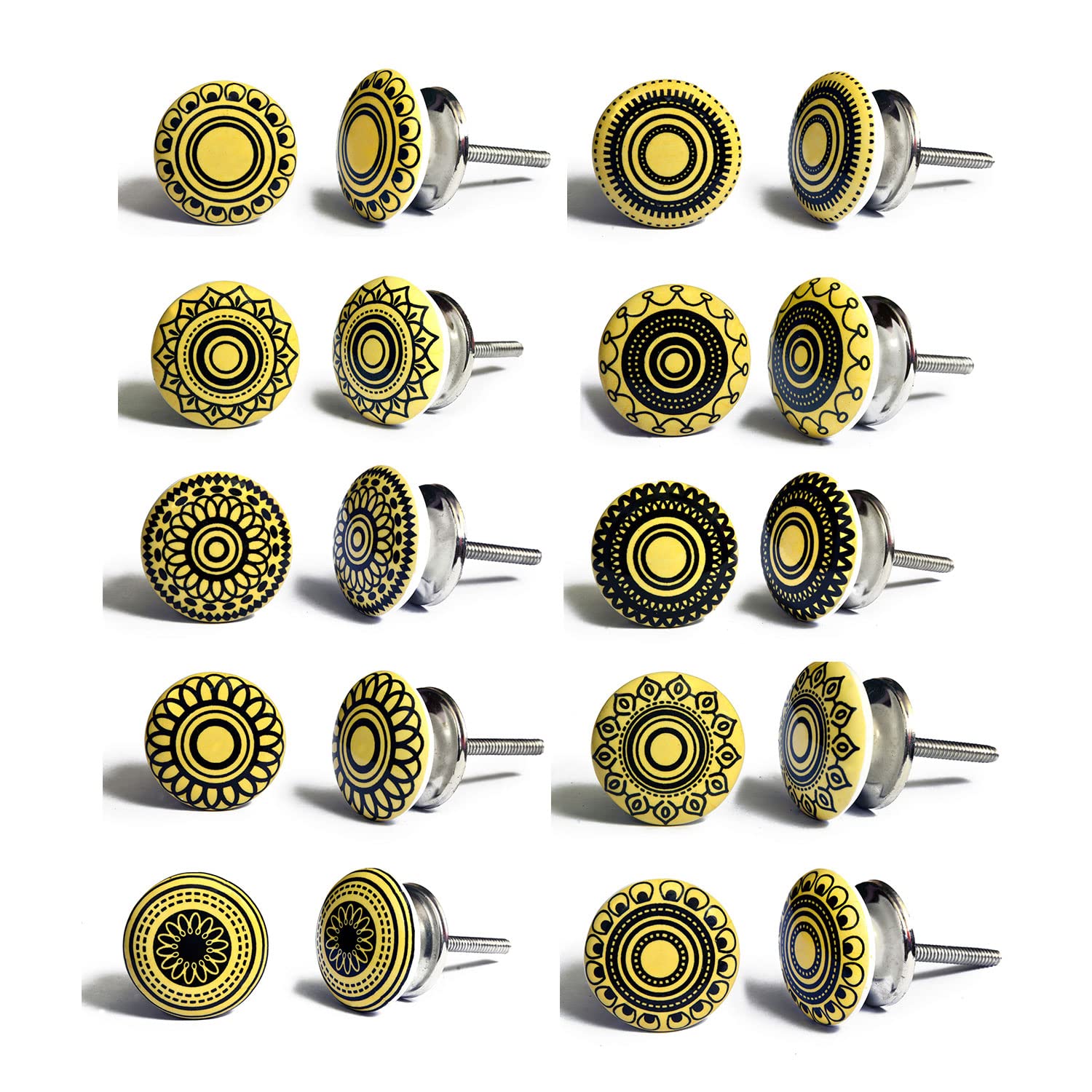 Set of 10 Mustard Yellow Ceramic knobs with Different Shapes Hand Painted | Handcrafted Handles for cabinets, Drawers, Dressers and Hangers | Classic Ceramic knobs 40mm Diameter | knobs with Design |