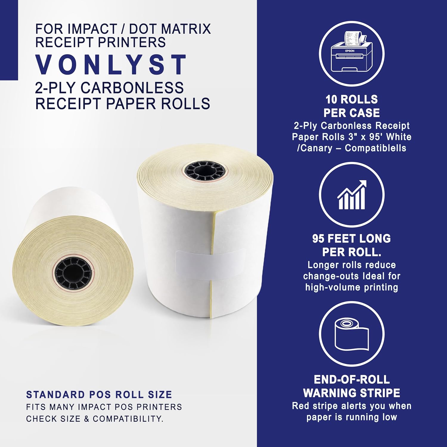 2-Ply Carbonless Receipt Paper Rolls 3" x 95' White/Canary – Compatible with Epson ERC-30 / ERC-34 / ERC-38 – 10 Rolls + 1 Replacement Printer Ribbon by Vonlyst