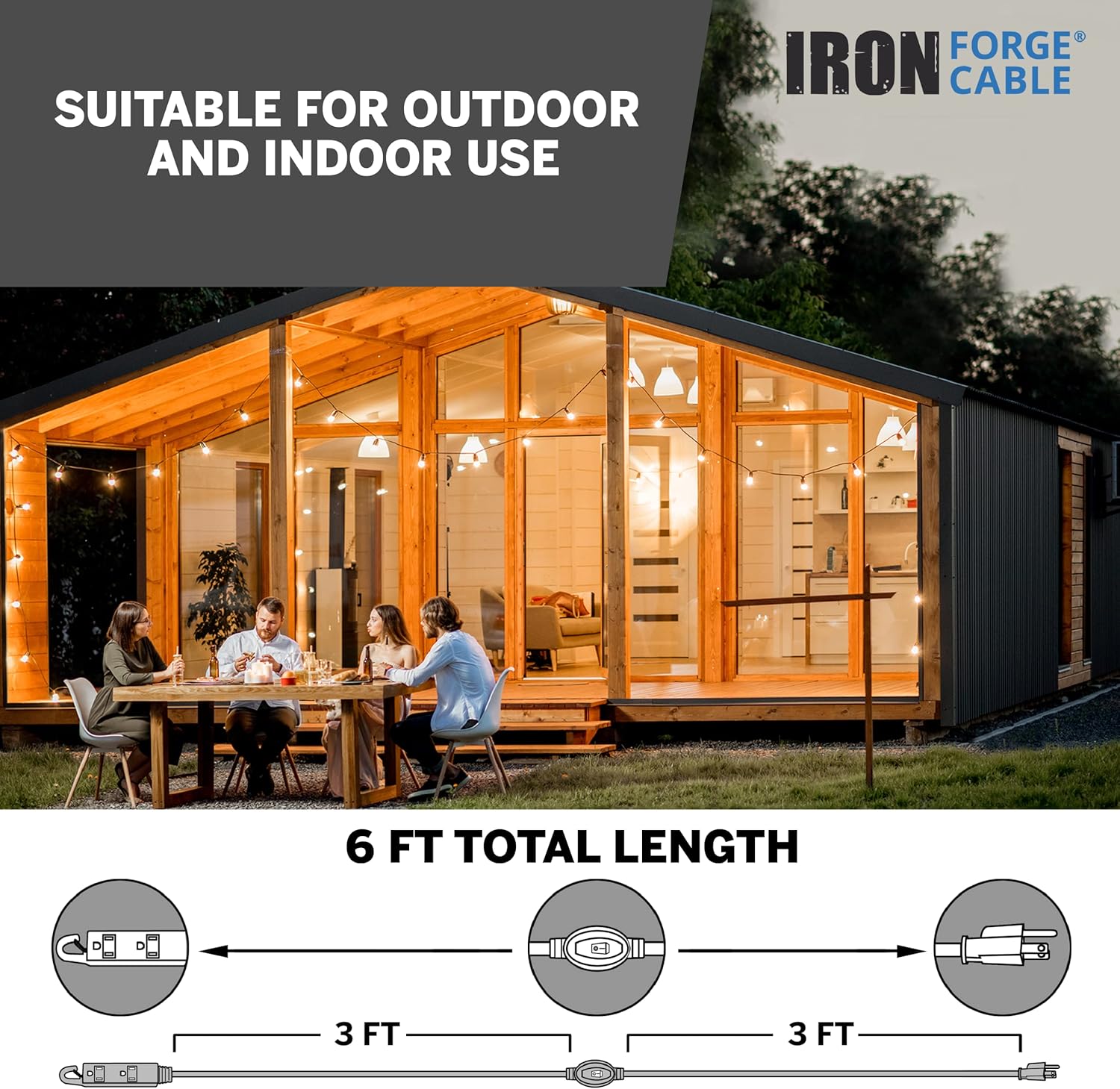 Iron Forge Cable 6 Ft 3 Outlets Black Extension Cord with Inline Switch On/Off, 16/3 SJTW 3 Prong with Hook for Hanging -10 AMP Cord - ETL Listed