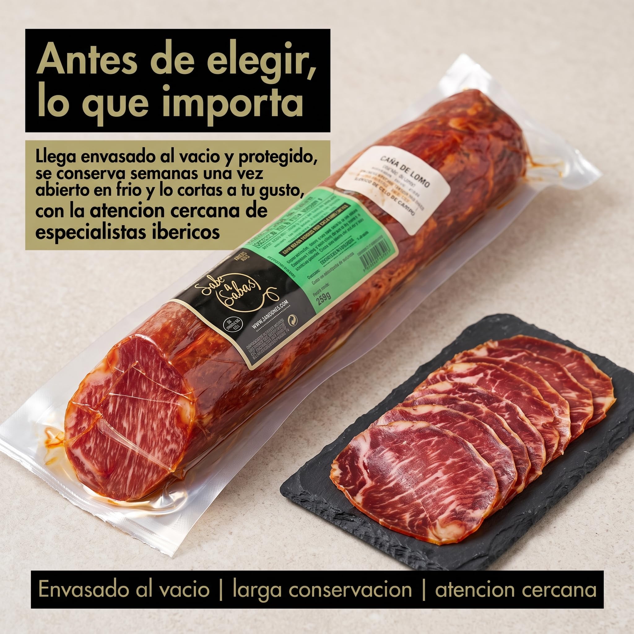 Lomo Embuchado Iberico Cebo de Campo 75% Raza Iberica Pieza Entera 700 g | Caña curada al vacio, curacion lenta; corta fina para tabla, aperitivo o bocadillo. Sin gluten ni lactosa. Cesta y regalo