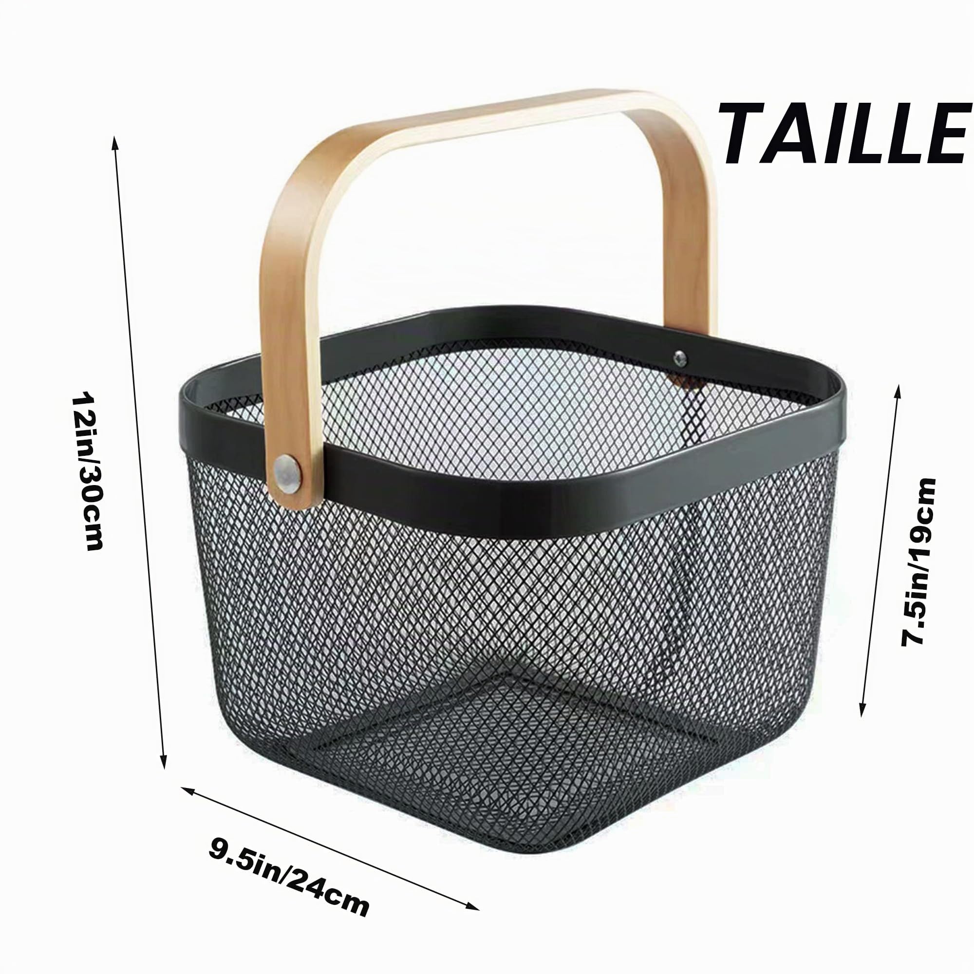 Lot de 2 paniers de récolte de jardin, paniers de pique-nique avec maille métallique durable et poignée en bambou, parfaits pour le shopping, le jardinage, les pique-niques et l'organisation