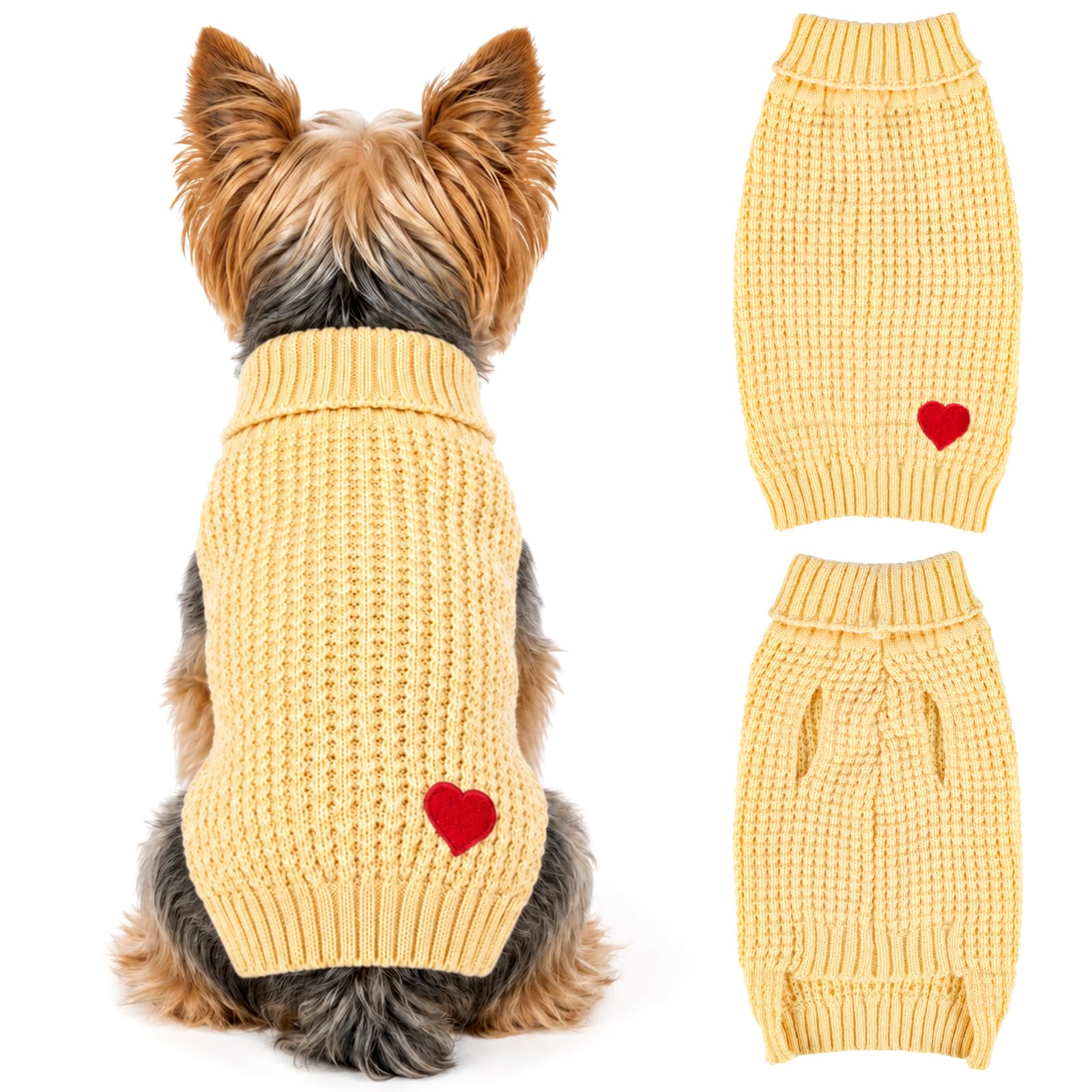 Winmany Dog Sweater for Small Dogs Puppy Solid Color Heart Jumper Chihuahua Yorkie Turtleneck Pullover Clothes Fall Winter Knitwear Outfits (Yellow, S)