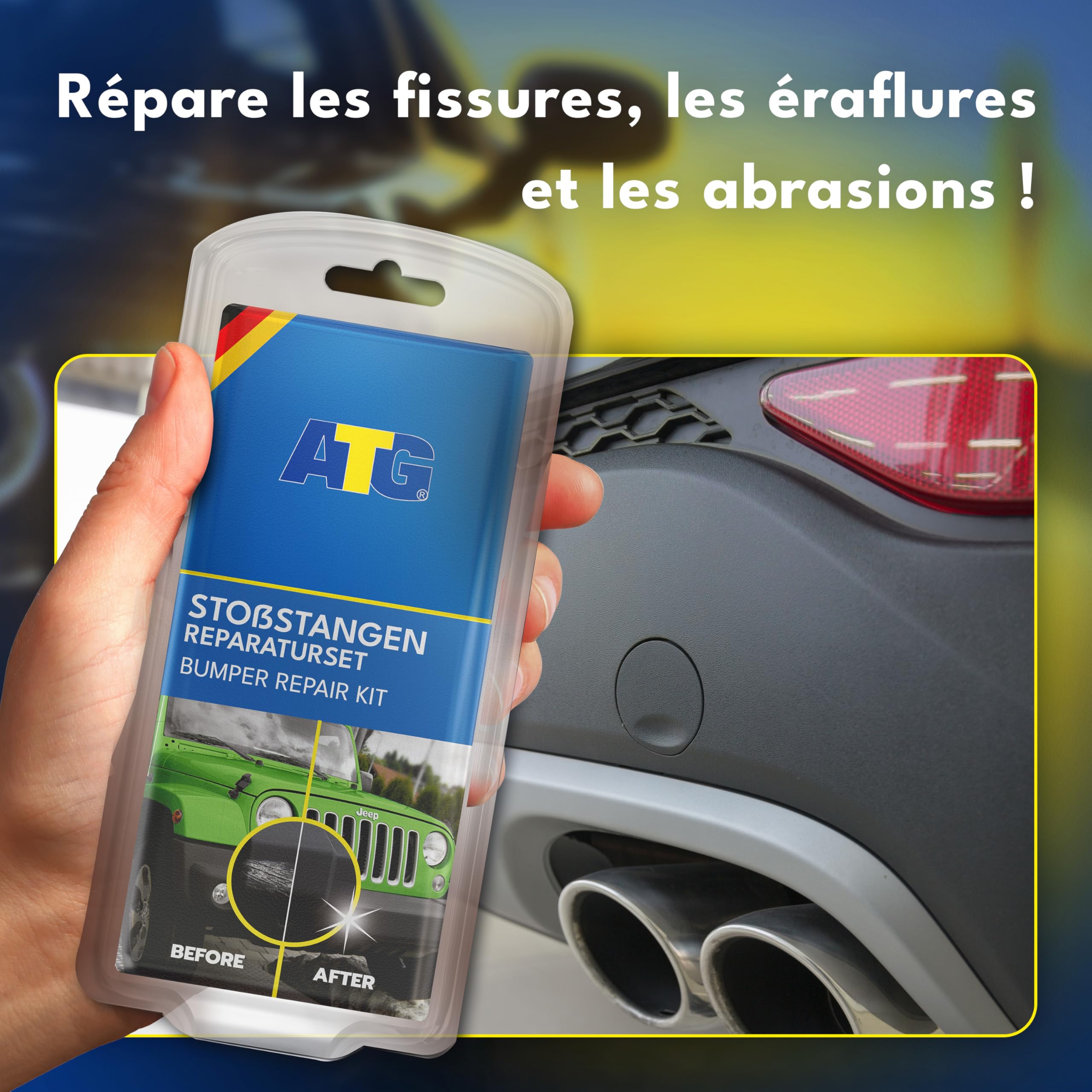 ATG® Kit Réparation Pare Choc Noir – Efface Rayure Plastique, Rénovateur Plastique Extérieur, Peinture Plastique Noir & Mastic Réparation