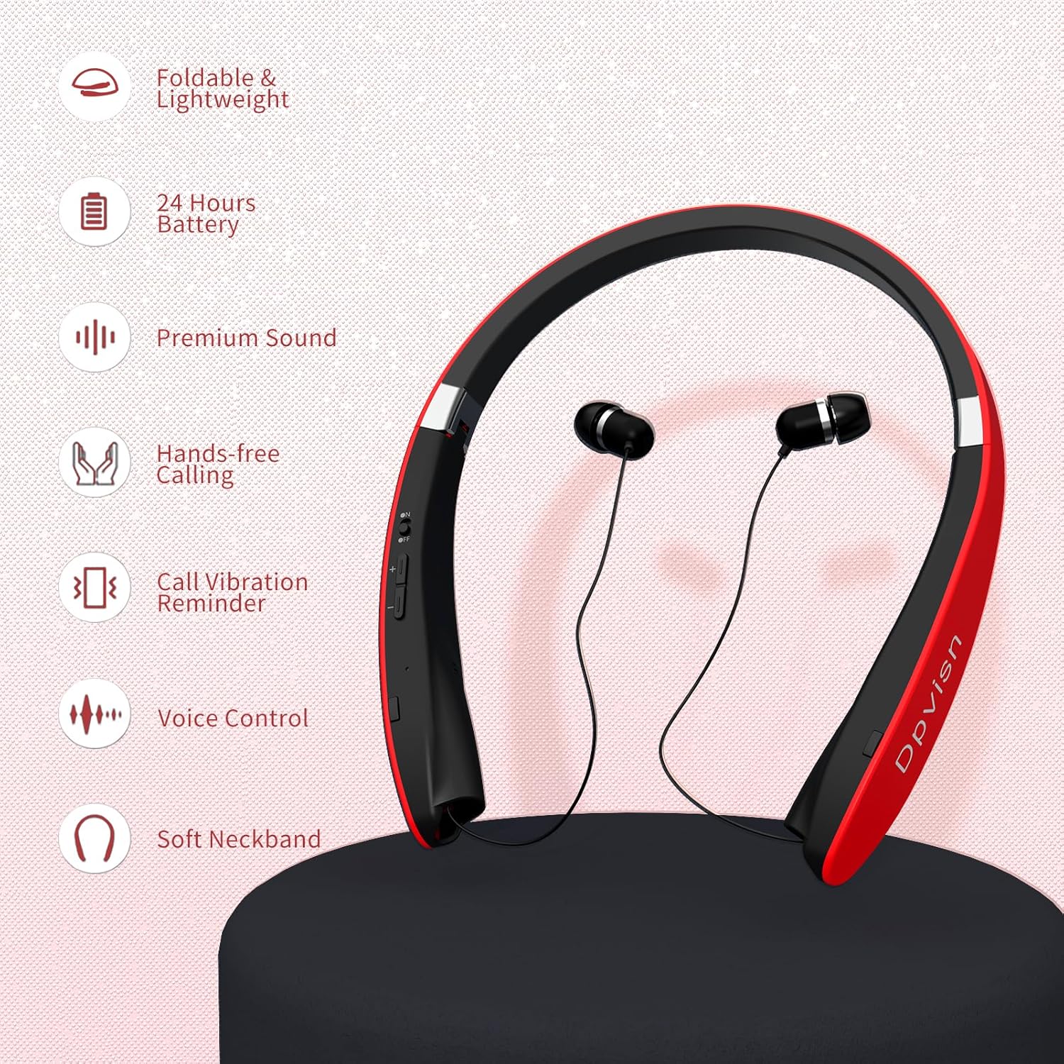 Bluetooth Neckband Headphones, Foldable Wireless Lightweight Neck Headset with Retractable Earbuds, Noise Cancelling Sweatproof Stereo Earphones with Mic & Carrying Case (Red) - Image 7