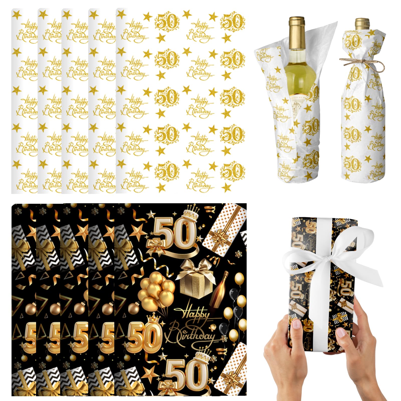 POPOYU 10 Pcs 50th Birthday Wrapping Paper,35x50cm Gift Wrapping Paper Sheets for 50thBirthday,Black Gold Gift Wrapping Paper Sheet for 50thBirthday,Happy Birthday Wrapping Paper for Birthay Gift Wrap