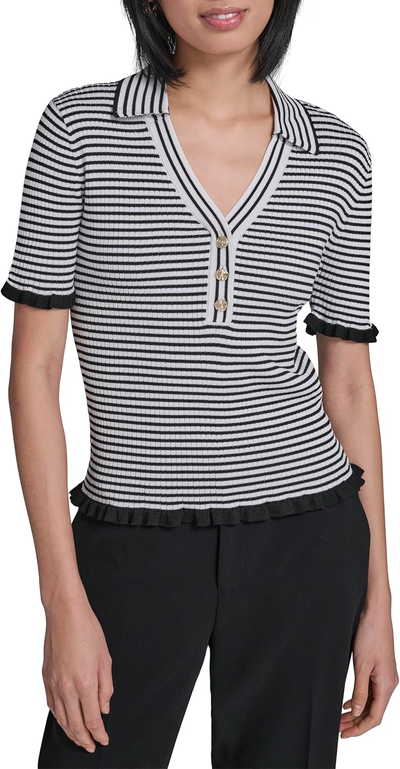 Karl Lagerfeld Women's Short Sleeve Delicate Sweater with Ruffle Detailing